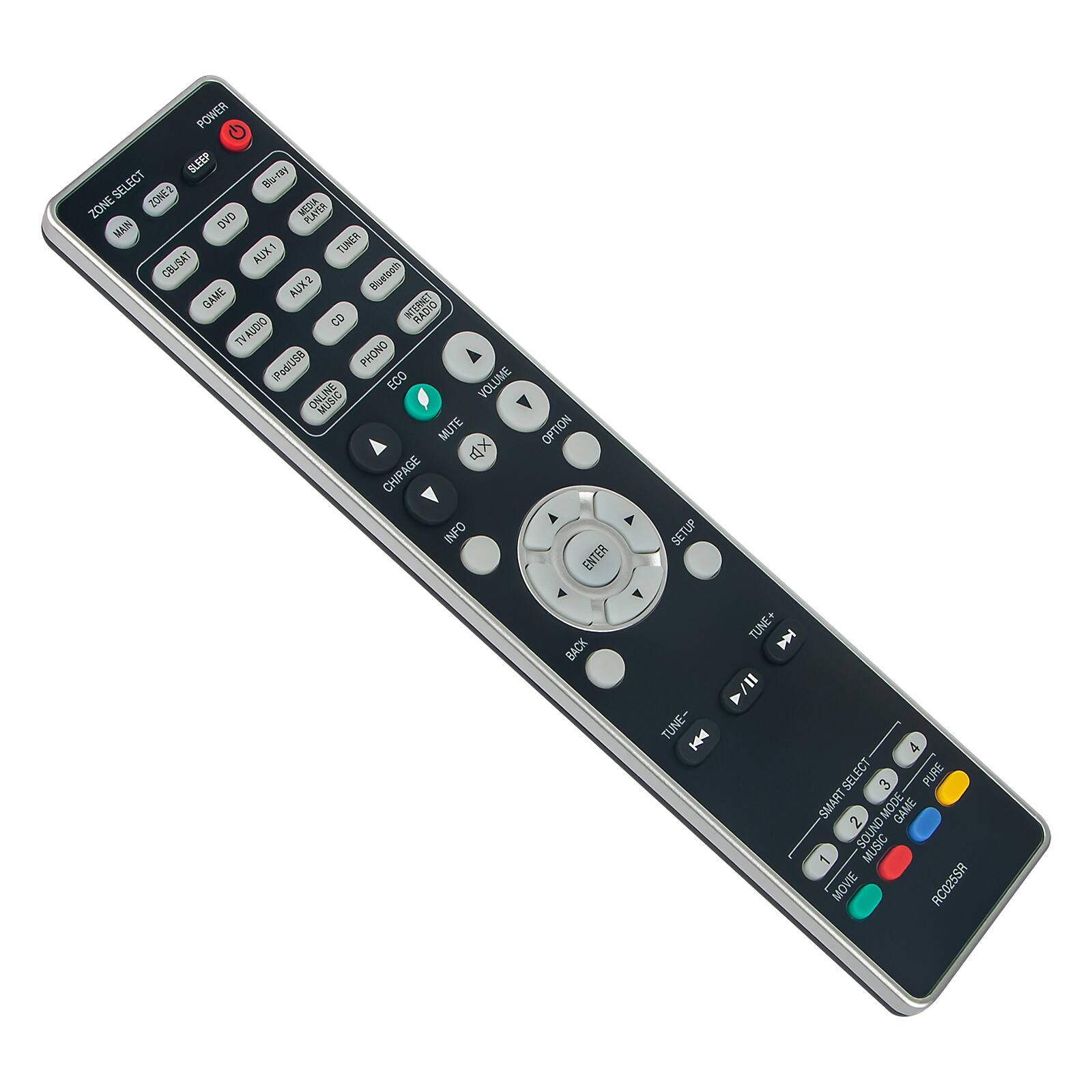 POWER  
SLEEP  
ZONE-SELECT  
ZONE1  
ZONE2  
DVD  
MDA  
PLATER  
MAIN  
AUX1  
AUX2  
CD  
GAME  
TUNER  
PHONO  
ECO  
VOLUME  
MUTE  
CHIPAGE  
INFO  
OPTION  
ENTER  
SETUP  
BACK  
TUNE+  
TUNE-  
SKIP  
PLAY/PAUSE  
STOP  
RECORD  
SMART SELECT  
1  
2  
3  
4  
SOUND MODE  
MUSIC  
MOVIE  
GAME  
PURE  
AC025SR