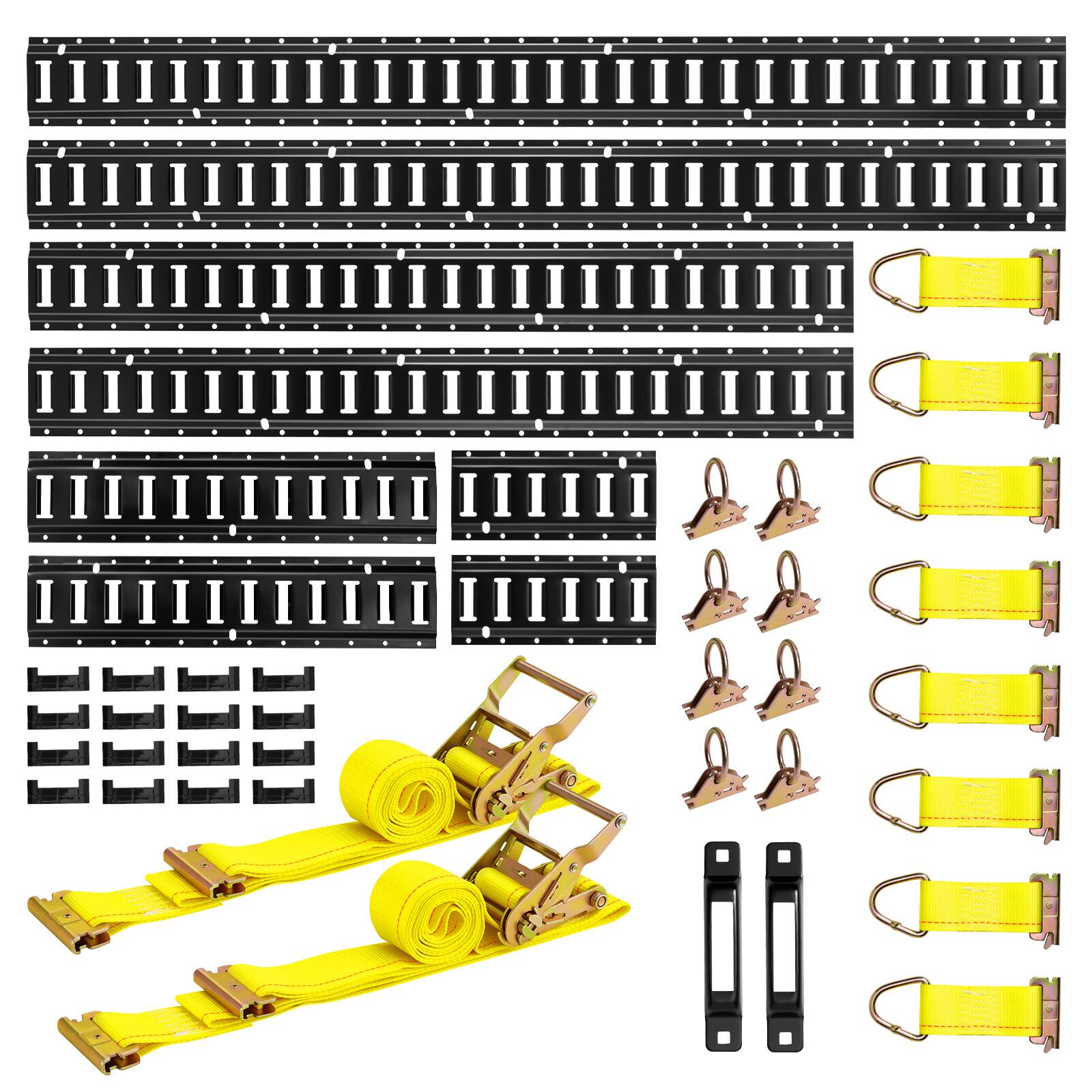 VEVOR - E-Track Tie-Down Rail Kit, 8 Pack (5ft+4ft+2ft+1ft) E Track Rails, 36 Pcs Includes 2 Ratchet Straps & 8 O-Rings - Black,Yellow