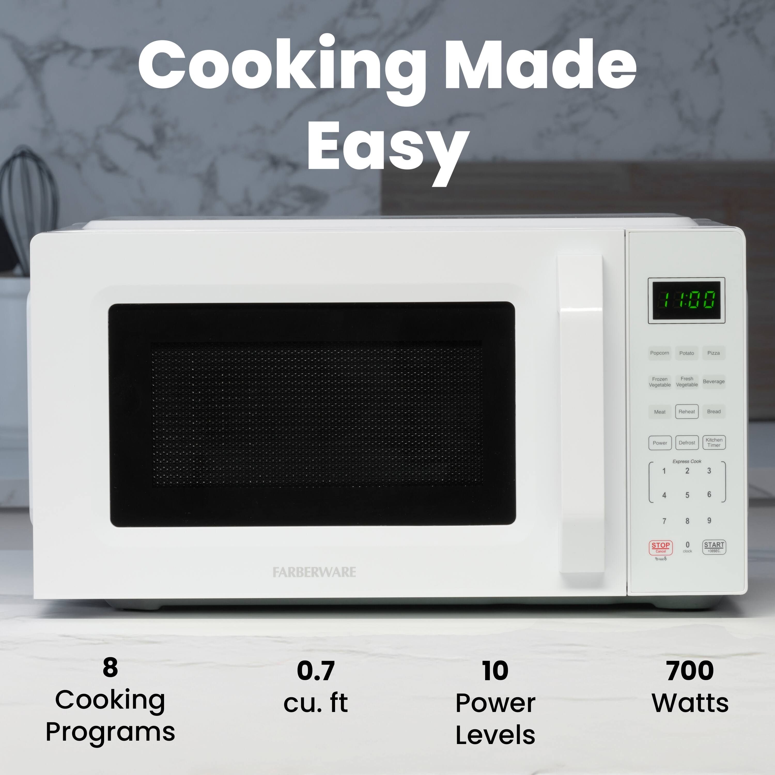 Cooking Made Easy

1:00 P

FARBERWARE

8 Cooking Programs  
0.7 cu. ft  
10 Power Levels  
700 Watts