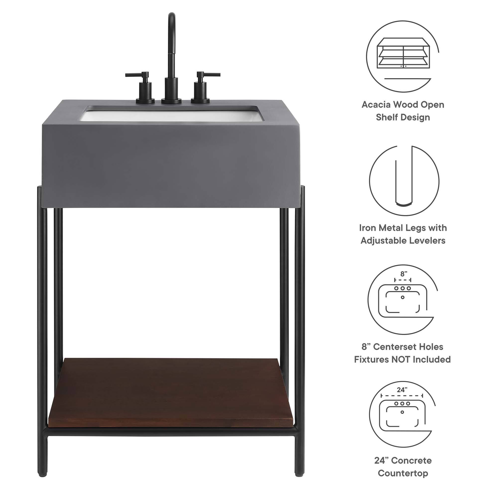 Acacia Wood Open Shelf Design  
Iron Metal Legs with Adjustable Levelers  
8" Centerset Holes  
Fixtures NOT Included  
24" Concrete Countertop