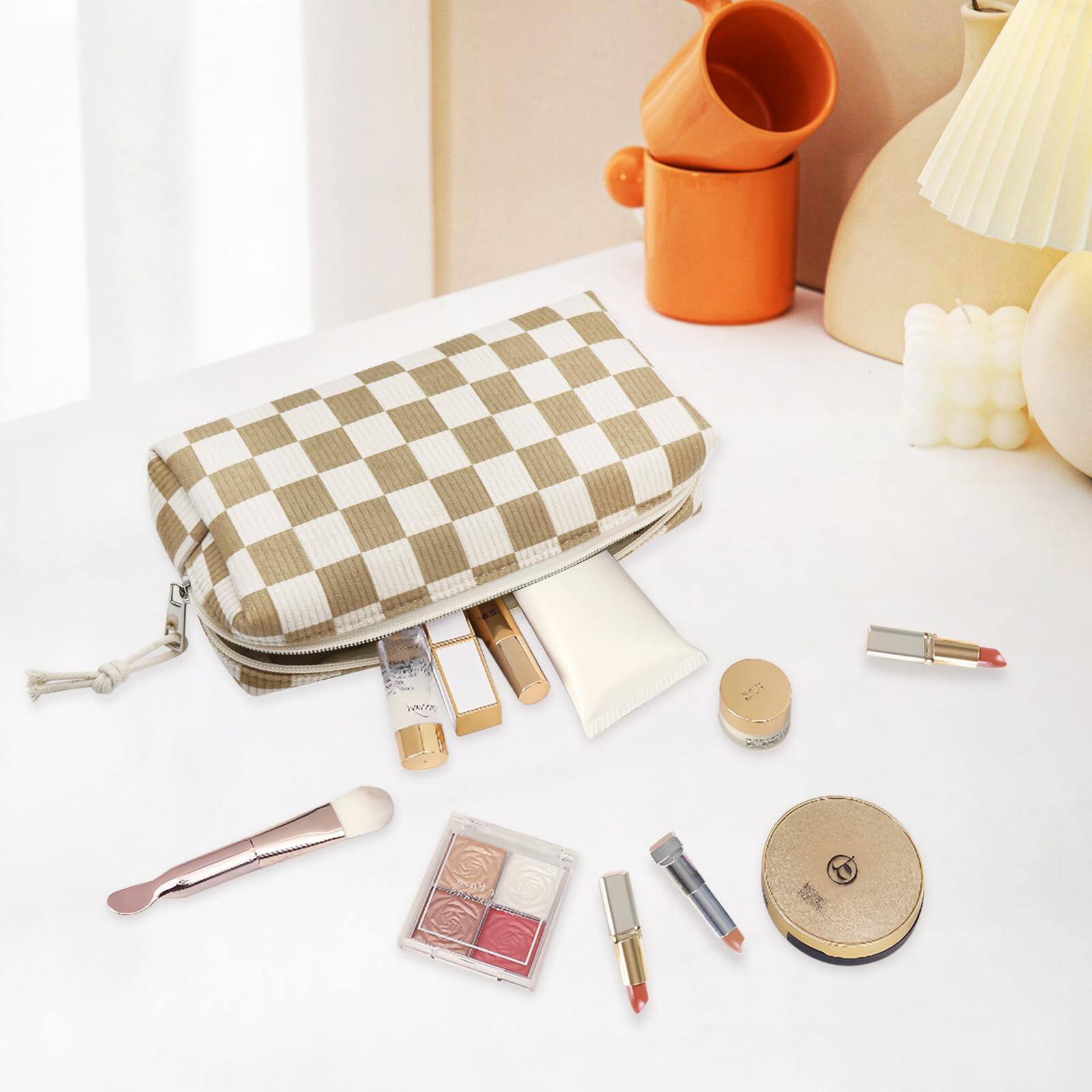 Alt View 2. Fabibe - Makeup Bag Pouch Corduroy  Travel Toiletry Organizer Cute Brushes Storage For Women (checkerboard) - Checkerboard.