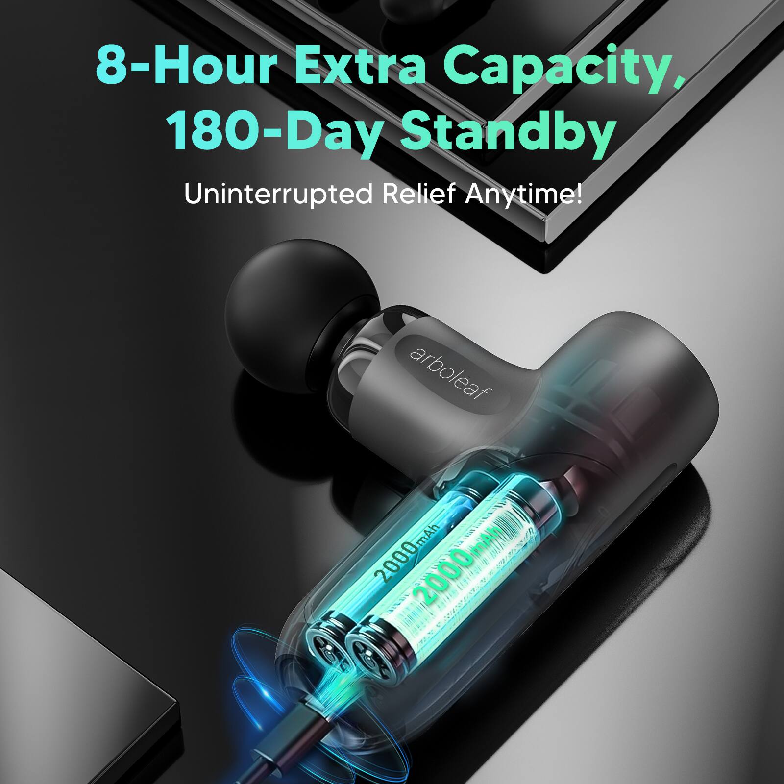 8-Hour Extra Capacity,  
180-Day Standby  
Uninterrupted Relief Anytime!  

arboleaf  
2000mAh