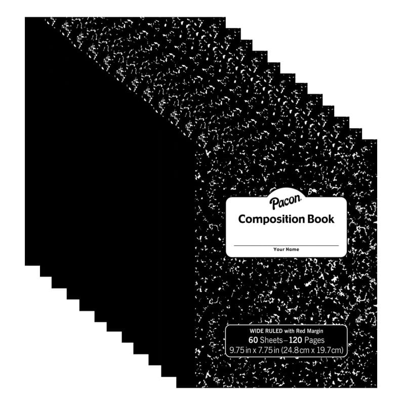 Pacon - Composition Book, Black Marble, 3/8" Ruled w/Margin, 9-3/4" x 7-3/4", 60 Sheets, Pack of 12