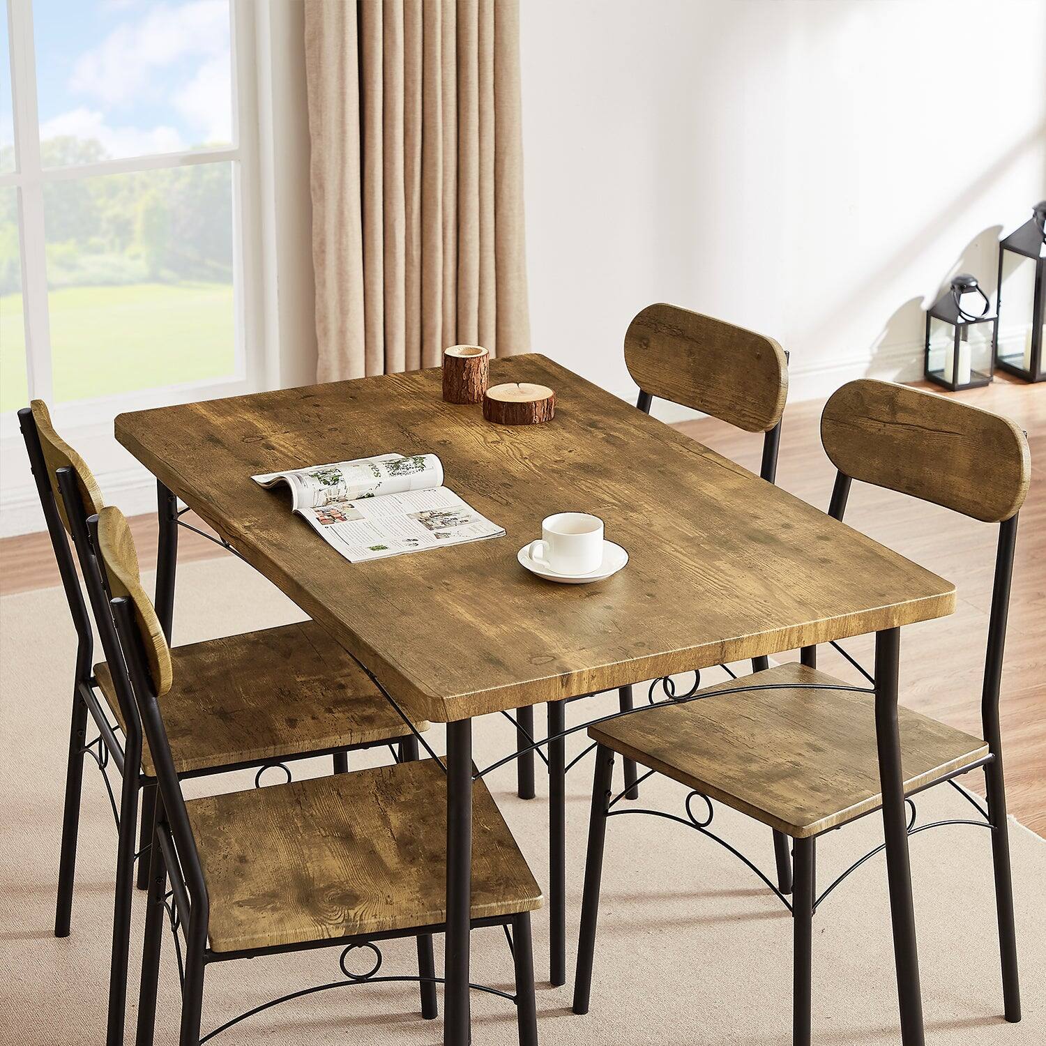Left. Vecelo - 5 Piece Dining Set: 4-Person Table & Chairs - Metal Frame, Thick MDF Top, Space Saving Design, Easy Assembly - Brown.