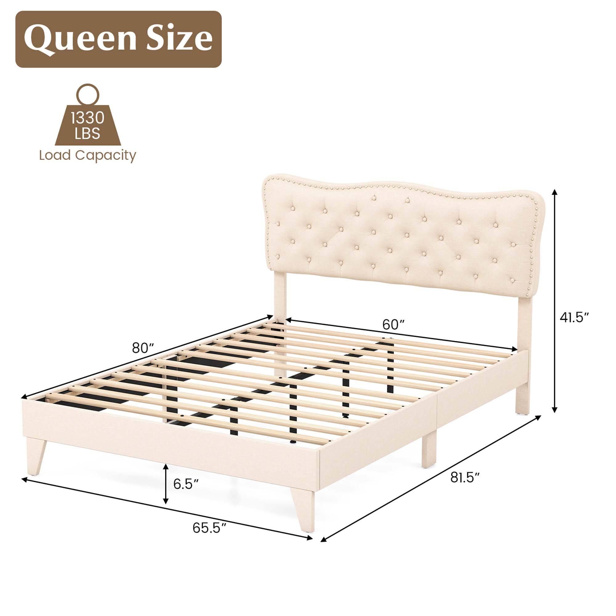 Alt View 3. Costway - Costway Queen Upholstered Platform Bed Frame Button-Tufted Headboard Mattress Foundation - Beige.