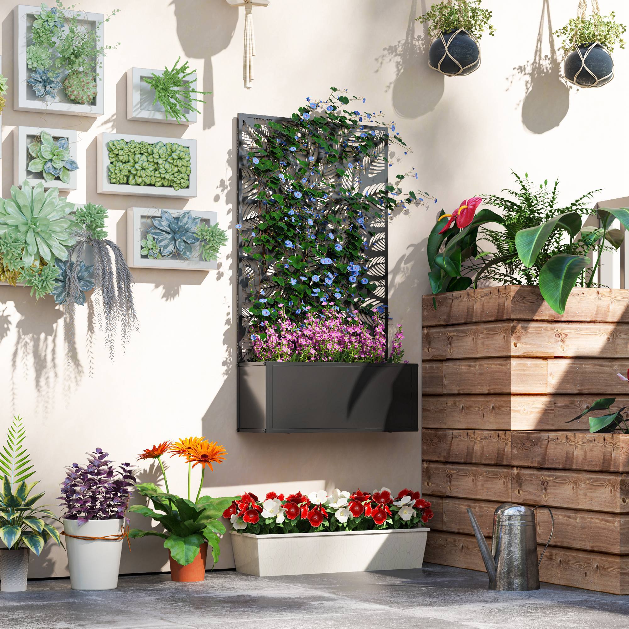 Alt View 1. Outsunny - Garden Bed with Trellis for Climbing Plants, Freestanding or Wall Mounted Flower Bed for Garden - Black.
