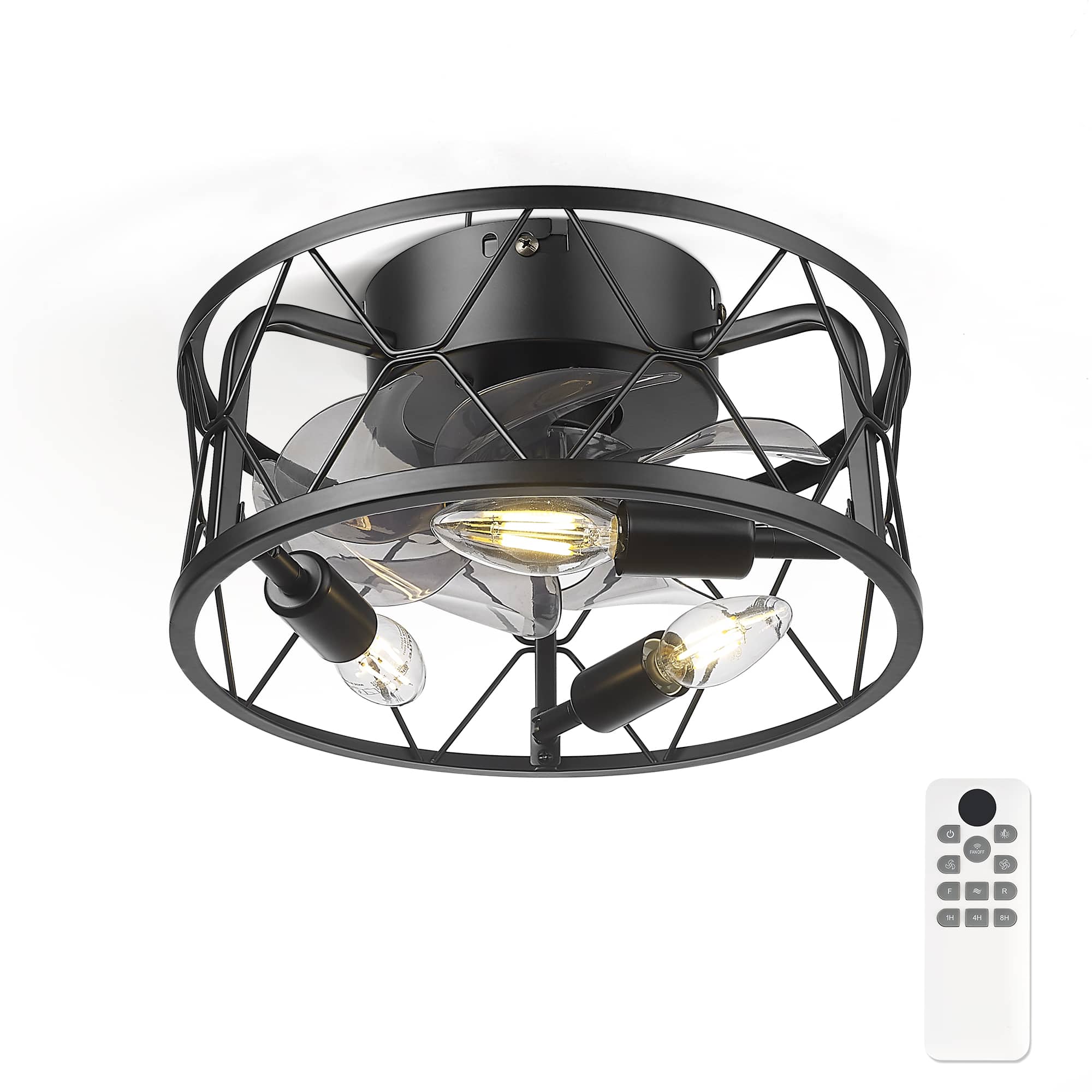 JAZAVA - 12-Inch Indoor Mini Cage Ceiling Fan with Light, Low Profile Style, 100-240V - Black