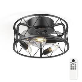 JAZAVA - 12-Inch Indoor Mini Cage Ceiling Fan with Light, Low Profile Style, 100-240V - Black