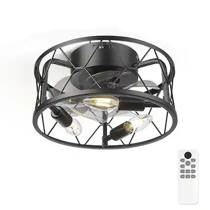 Front. JAZAVA - 12-Inch Indoor Mini Cage Ceiling Fan with Light in Black, Low Profile Style, 100-240V - Black.