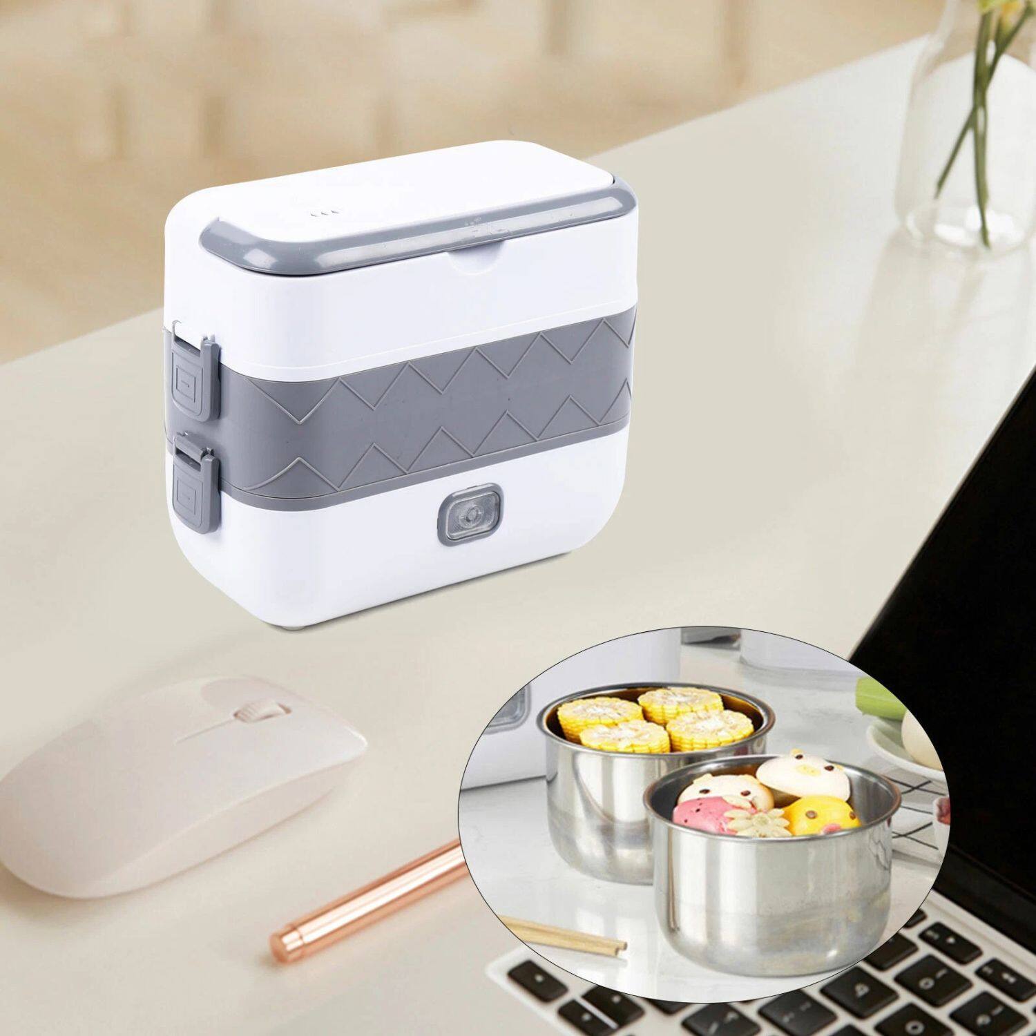 Angle. Stock Preferred - Portable 2-Layer Electric Lunch Box with Stainless Steel Steamer & Rice Cooker - White with Stainless Steel Containers.