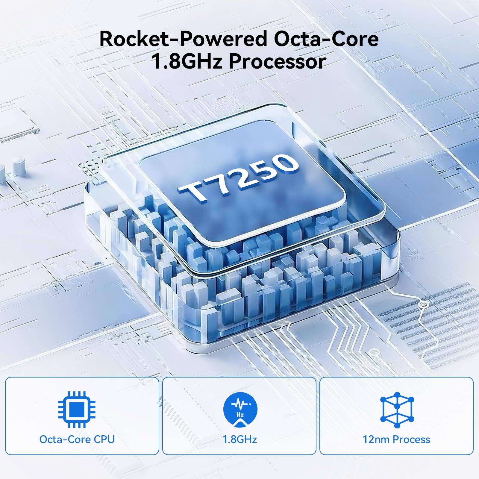 Rocket-Powered Octa-Core 1.8GHz Processor  
T7250  
Octa-Core CPU  
1.8GHz  
12nm Process