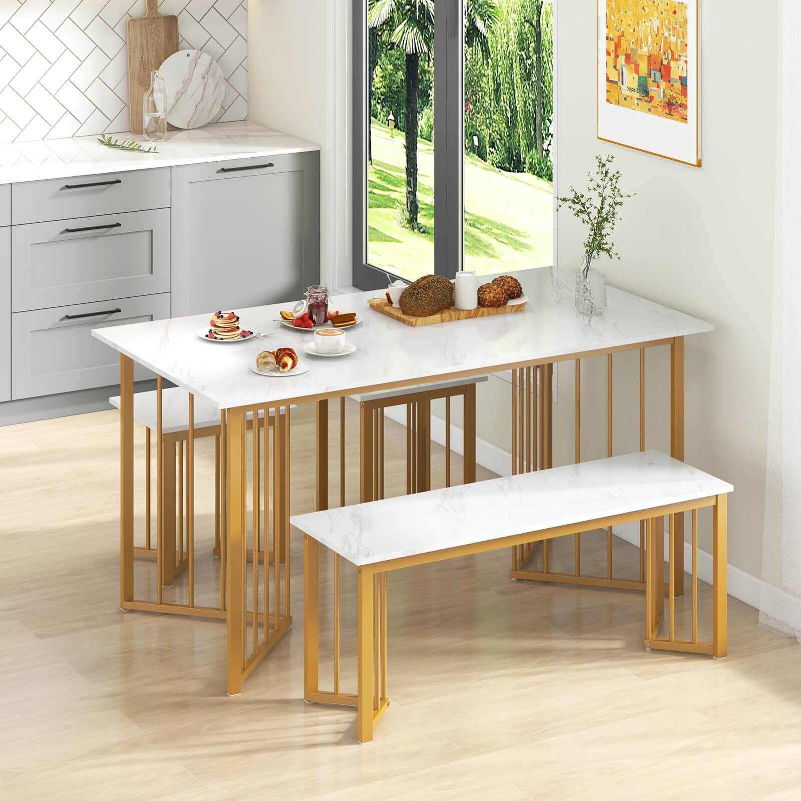 Left. Costway - 4 PCS Dining Table Set Kitchen Table w/ Bench & 2 Stools Wing-shaped Metal Legs - White and Gold.