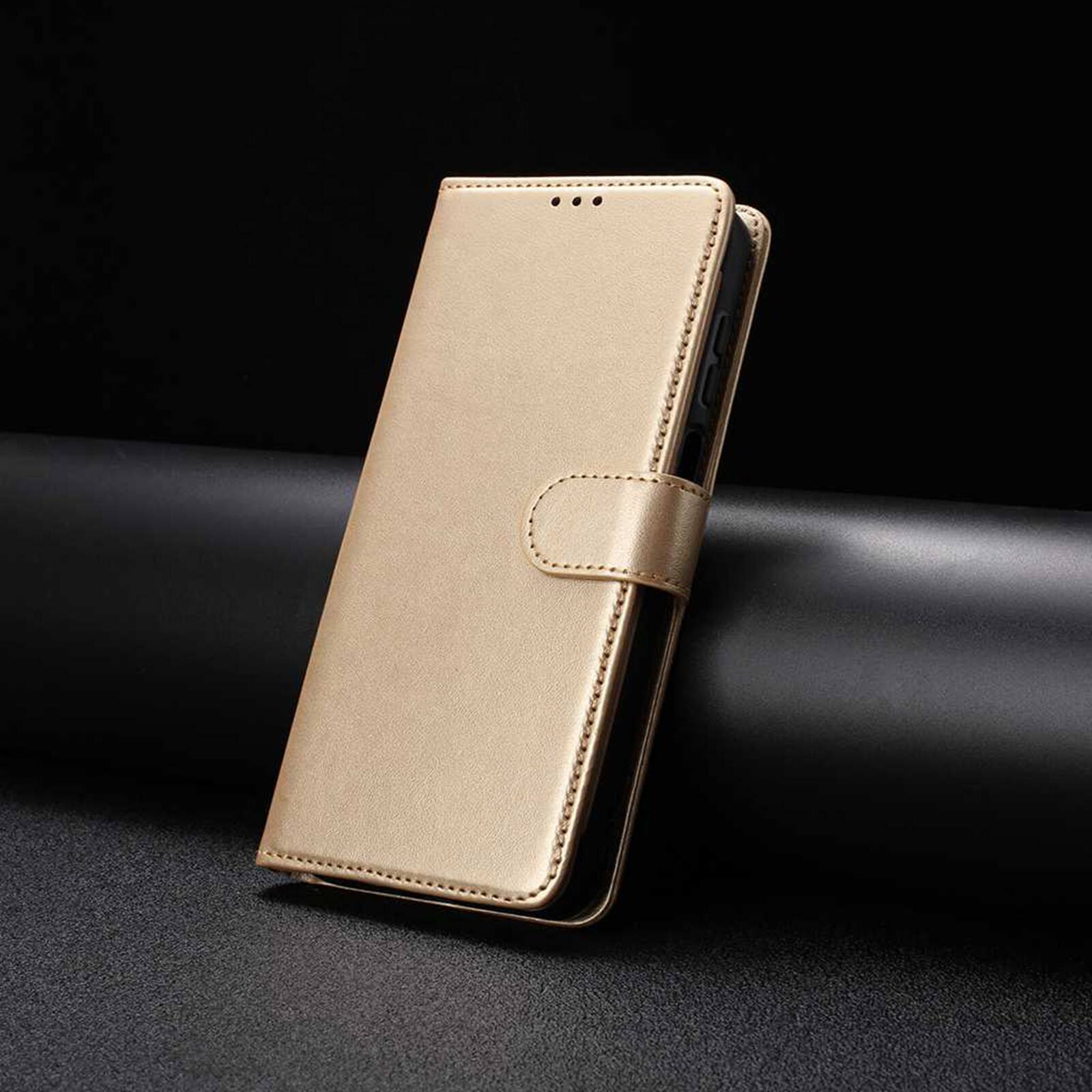 Angle. Dteck - Dteck Wallet Folio Case for Apple iPhone 16e/17e, Shockproof Magnetic PU Leather Flip Card Slots Stand Case - Gold.