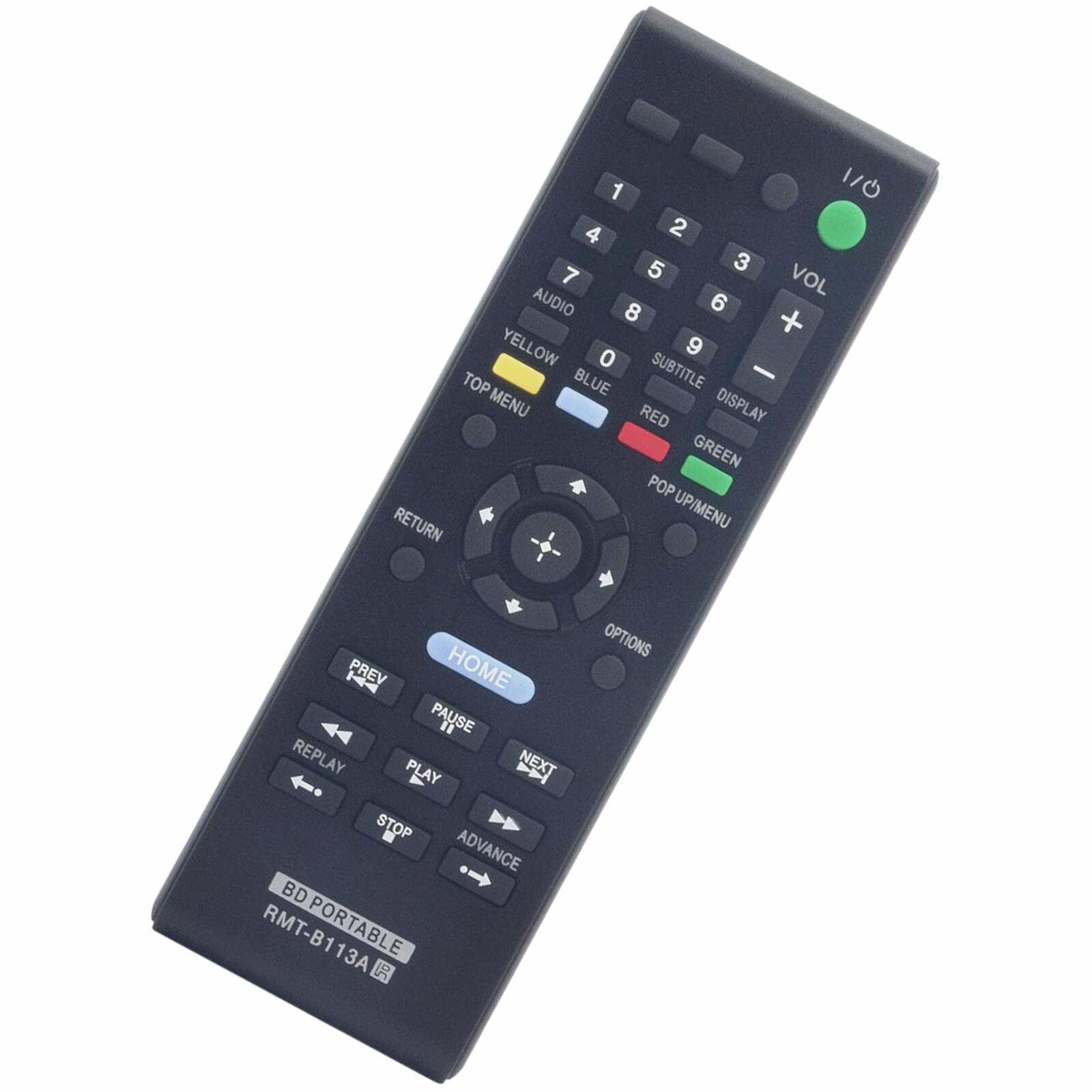 1 1/0 4 2 5 3 7 VOL AUDIO 8 6 + YELLOW 9 0 SUBTITLE BLUE - TOP MENU RED DISPLAY GREEN POP RETURN UP/MENU PREV HOME PAUSE n REPLAY PLAY NEX STOP ADVANCE BD RMT-B113A PORTABLE E 50 OPTIONS