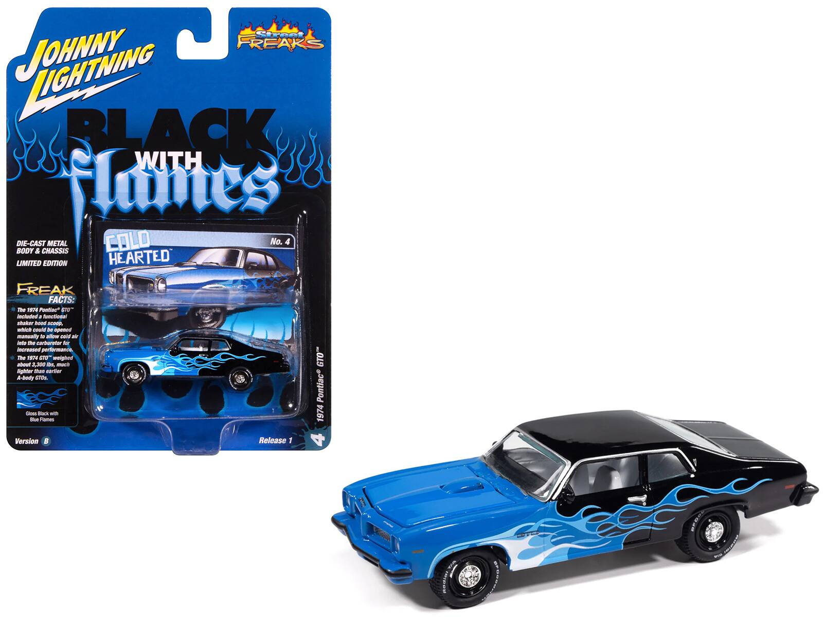 1974 Pontiac GTO Black and Blue with Blue Flame Graphics with White Interior 1/64 Diecast Model Cars by Johnny Lightning price history on PriceWatchPro