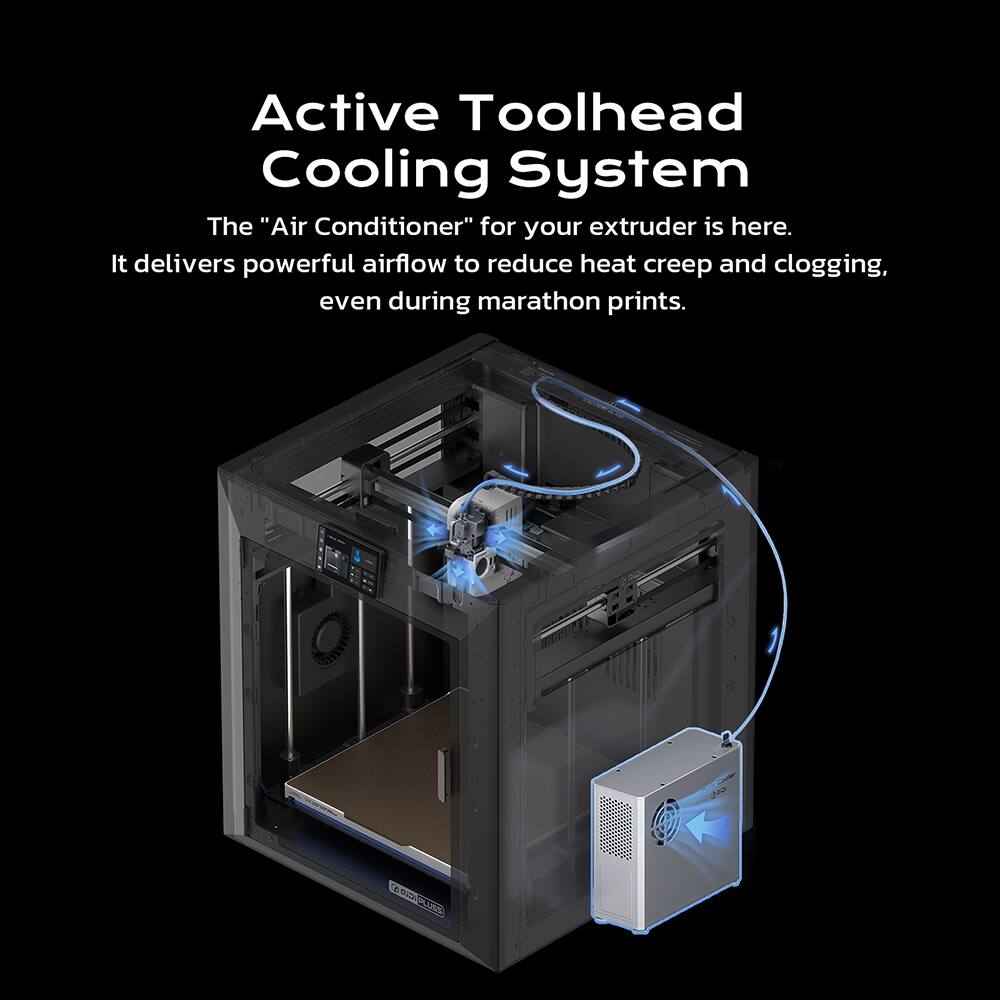 Active Toolhead Cooling System  
The "Air Conditioner" for your extruder is here.  
It delivers powerful airflow to reduce heat creep and clogging, even during marathon prints.