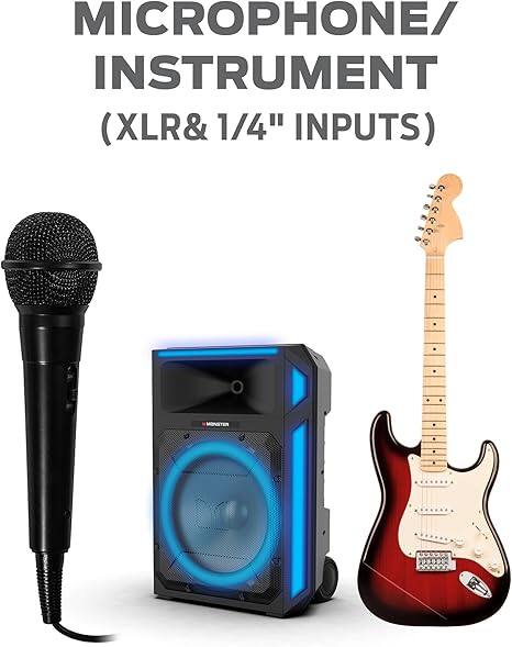 The image features a microphone, an instrument, and a speaker. The microphone and instrument are connected to the speaker, which has XLR and 1/4" inputs.
