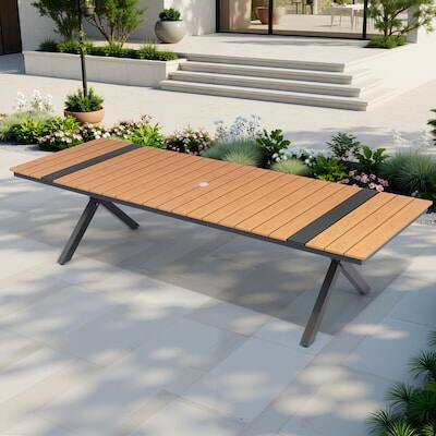 Alt View 6. Crestlive Products - Crestlive Products X-Leg Large Patio Plastic Wood Top Aluminum Frame Outdoor Dining Table with Umbrella Hole - Brown.
