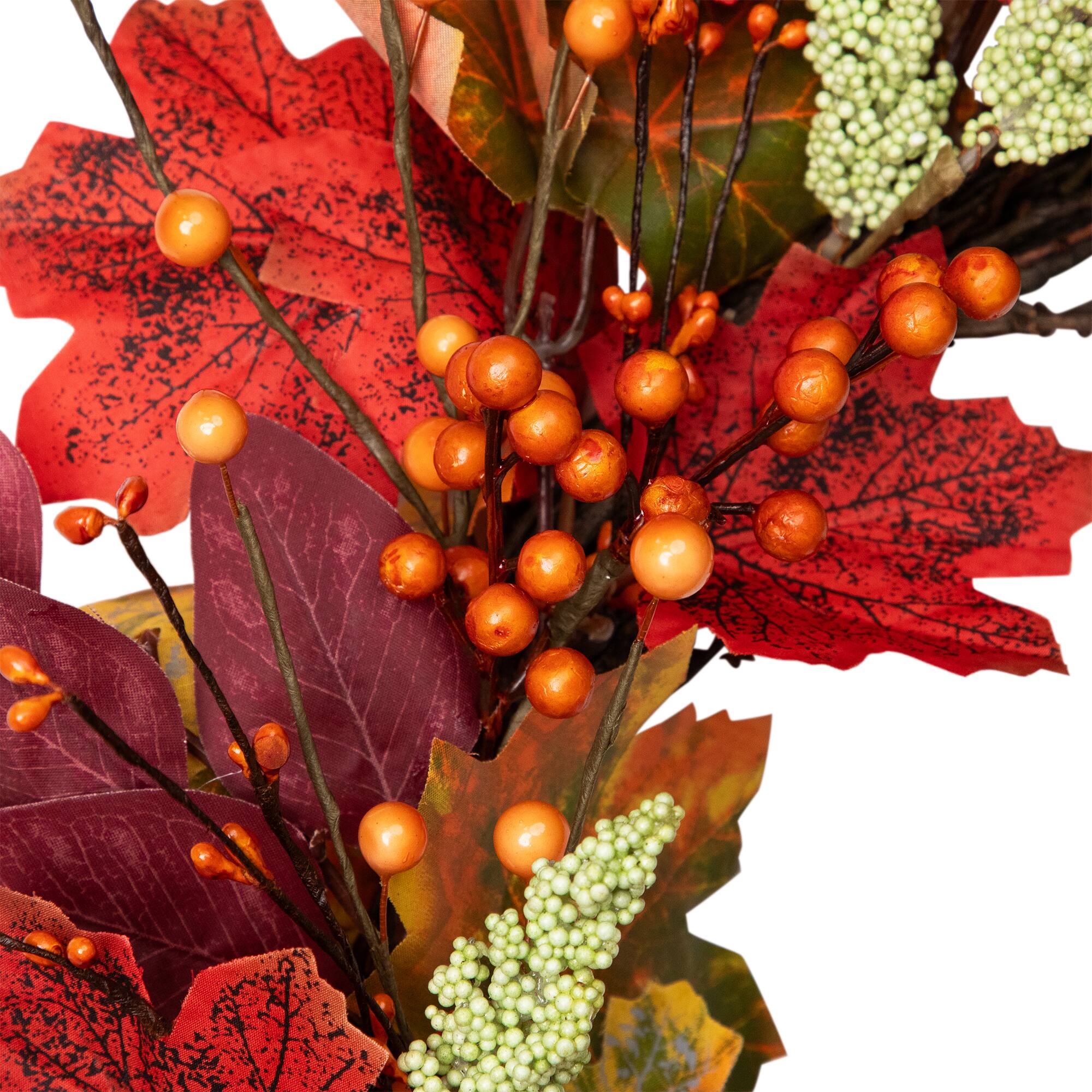 Alt View 5. Northlight - Leaves and Berries Artificial Fall Harvest Wreath - 20" - Red.