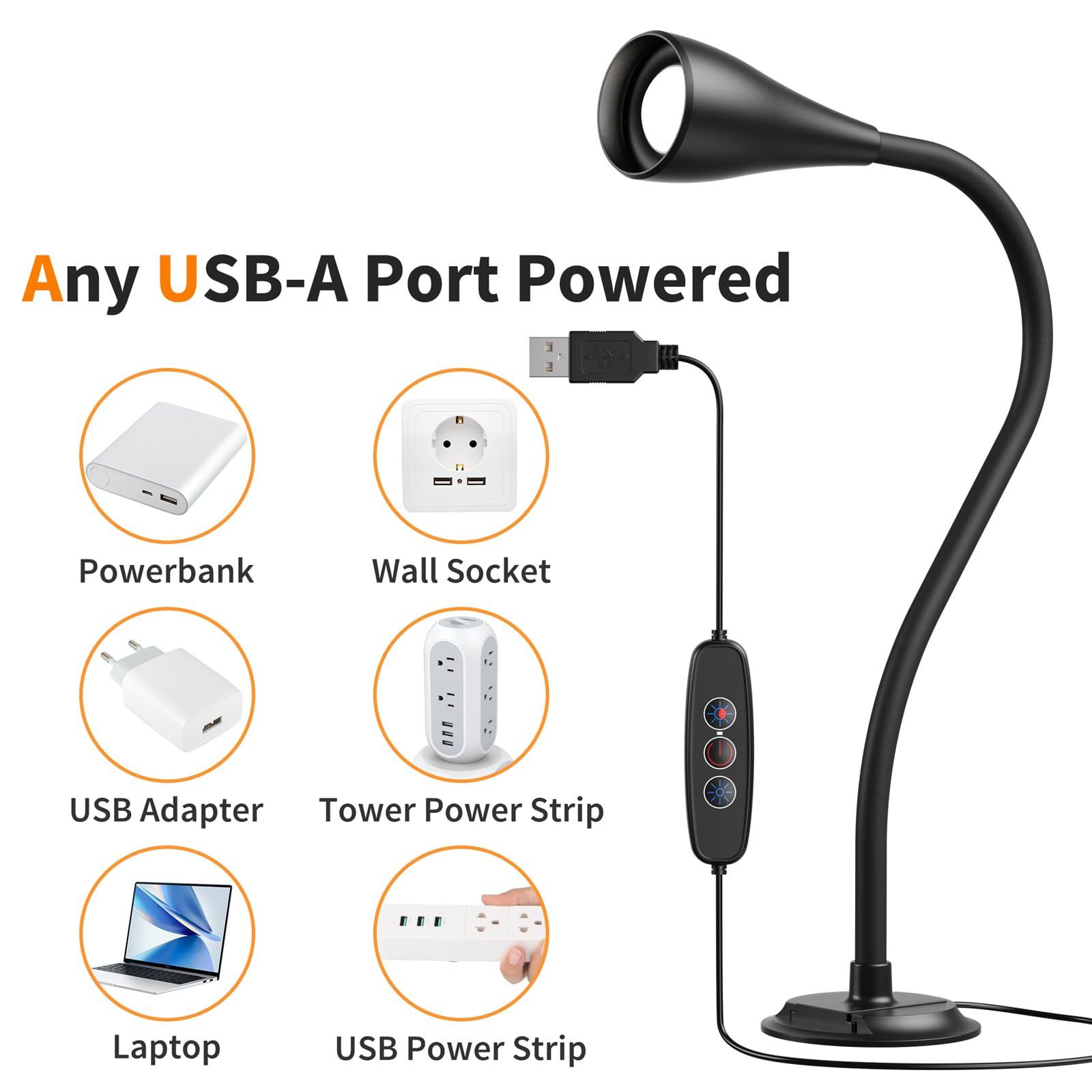 Any USB-A Port Powered

- Powerbank
- Wall Socket
- USB Adapter
- Tower Power Strip
- Laptop
- USB Power Strip