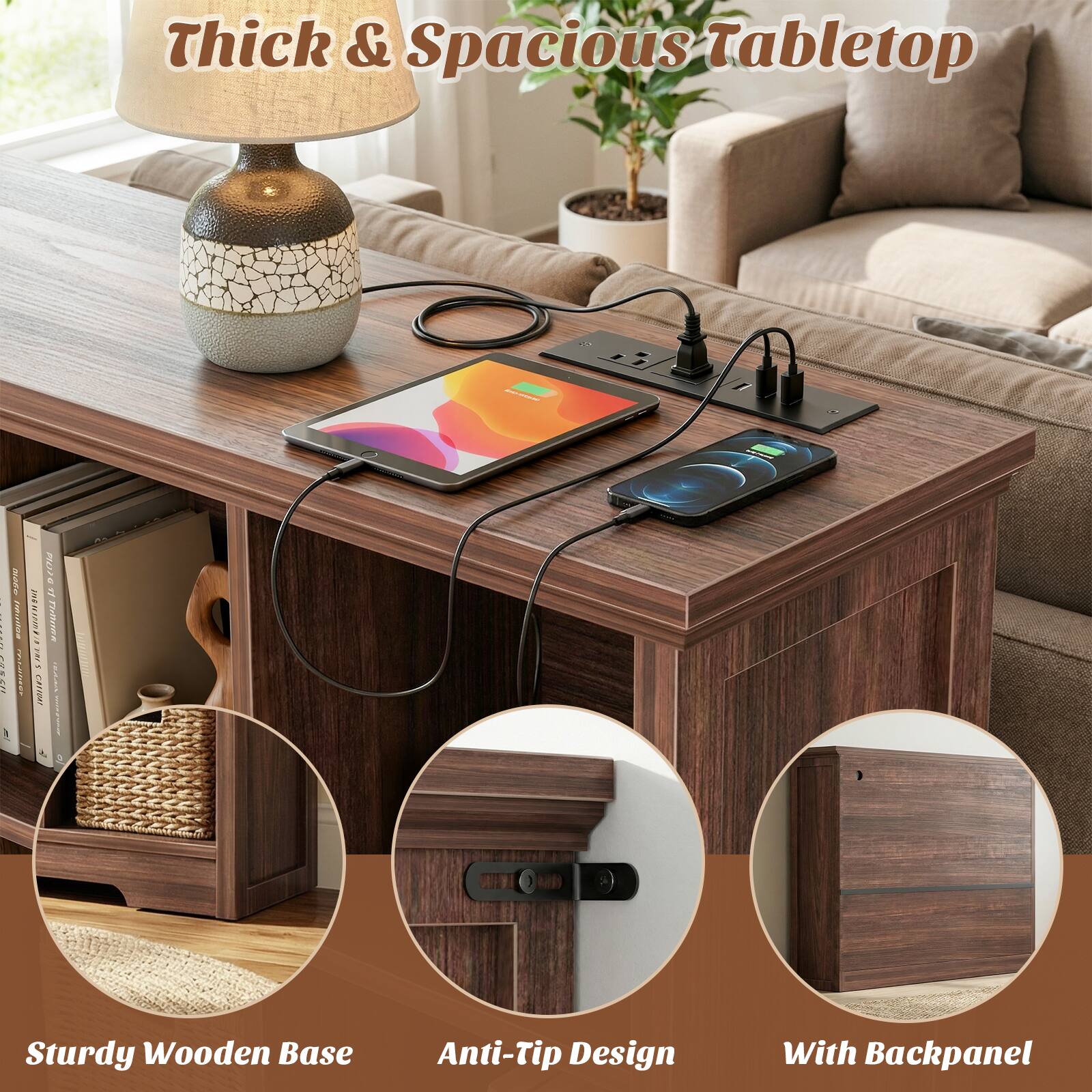 Thick & Spacious Tabletop

Sturdy Wooden Base

Anti-Tip Design

With Backpanel