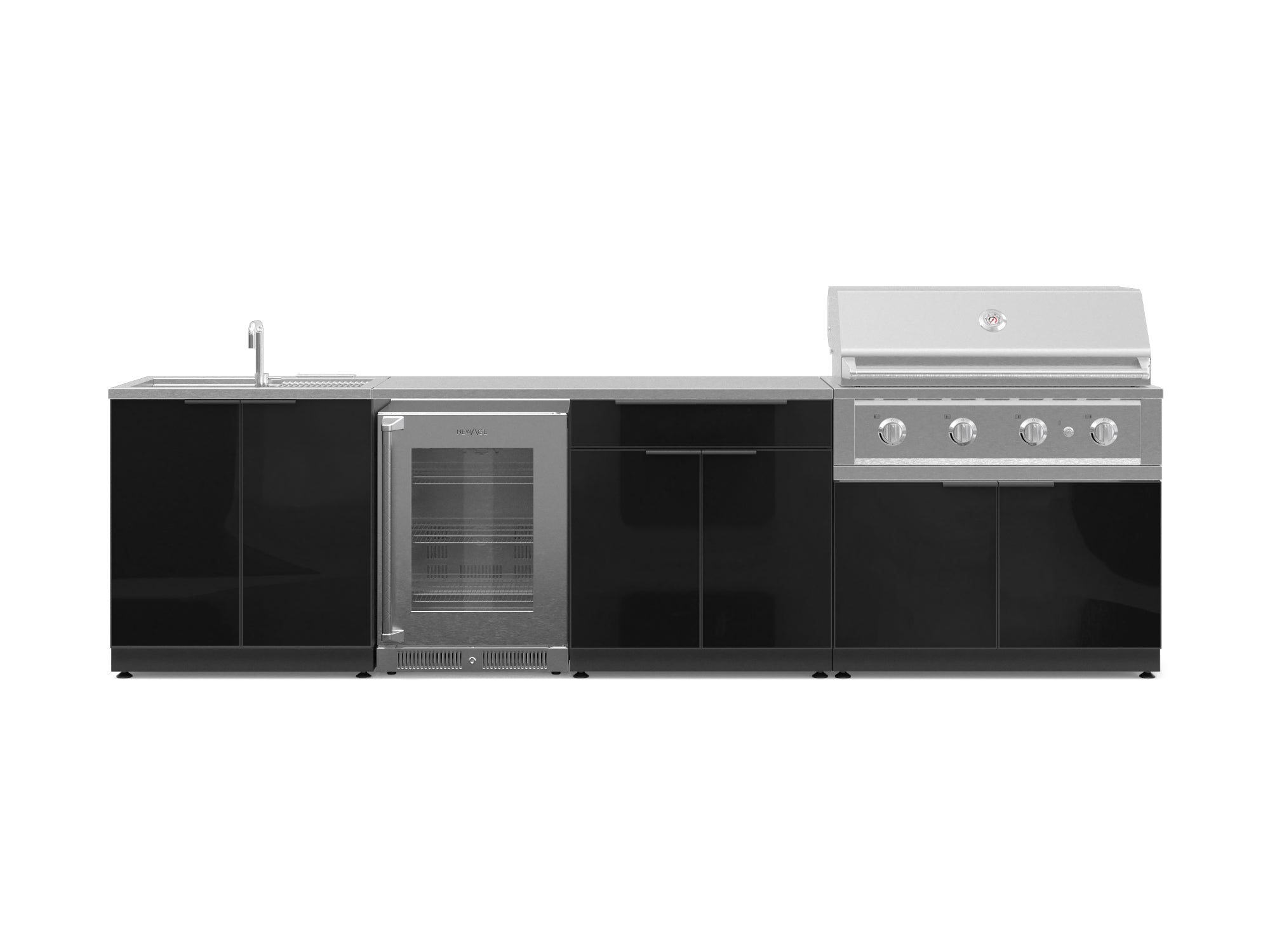Front. NewAge Products - Outdoor Kitchen Aluminum 6 Piece Cabinet Set with Sink, Bar, Grill Cabinet, Performance Grill, Countertop and Fridge - Black.