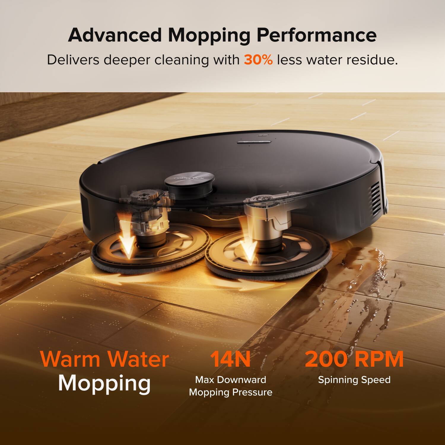 Advanced Mopping Performance  
Delivers deeper cleaning with 30% less water residue.  

Warm Water Mopping  
14N Max Downward Mopping Pressure  
200 RPM Spinning Speed
