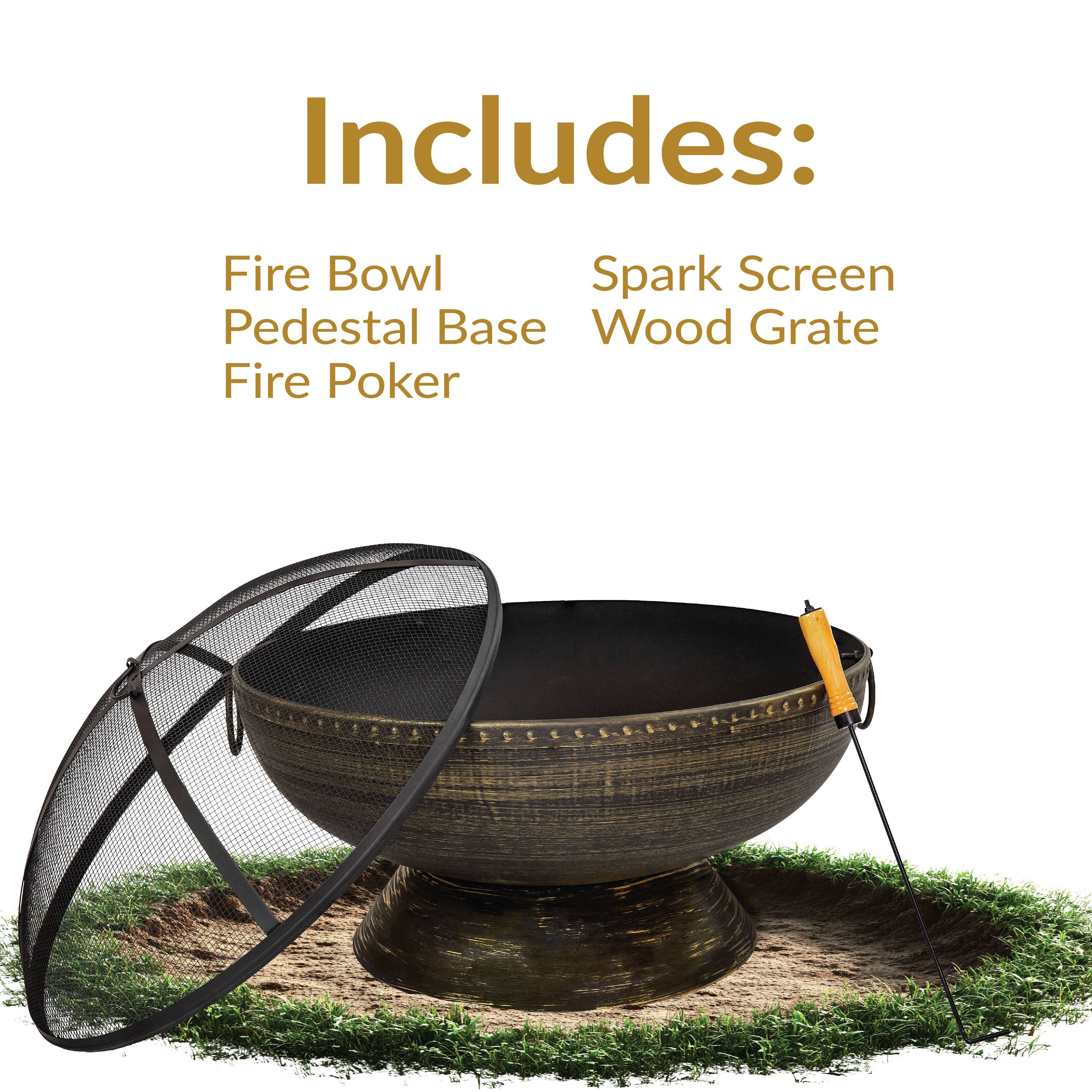 Includes:

- Fire Bowl
- Pedestal Base
- Spark Screen
- Wood Grate
- Fire Poker