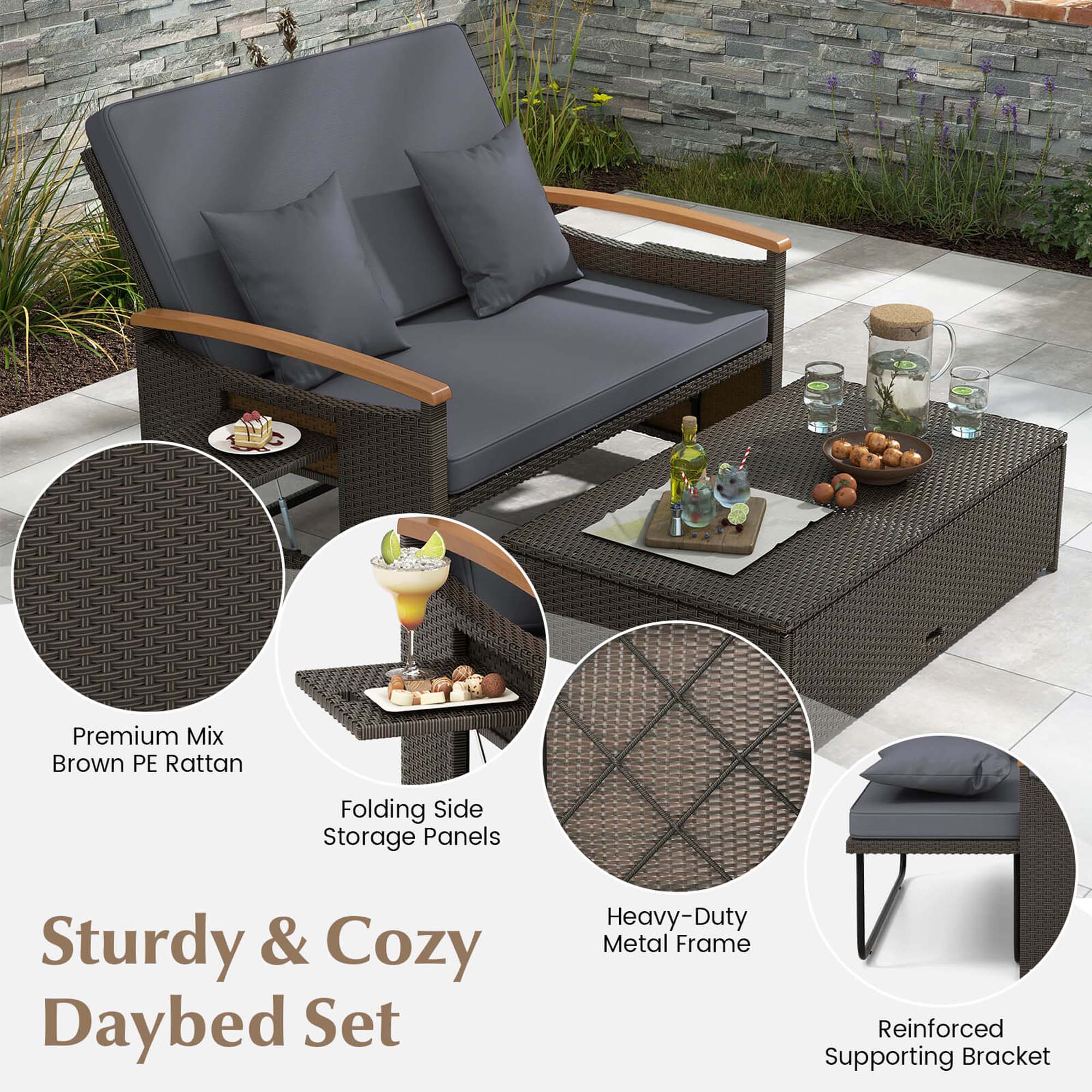 Premium Mix Brown PE Rattan Folding Side Storage Panels Sturdy & Cozy Daybed Set Heavy-Duty Metal Frame Reinforced Supporting Bracket