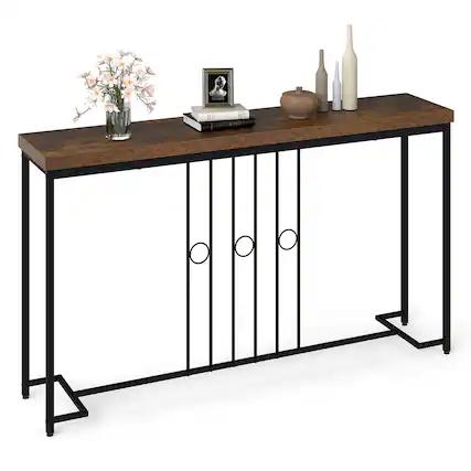 Front. Gymax - Gymax Industrial Console Table 55'' Narrow Table w/ H-Shaped Base & Spacious Tabletop - Brown.