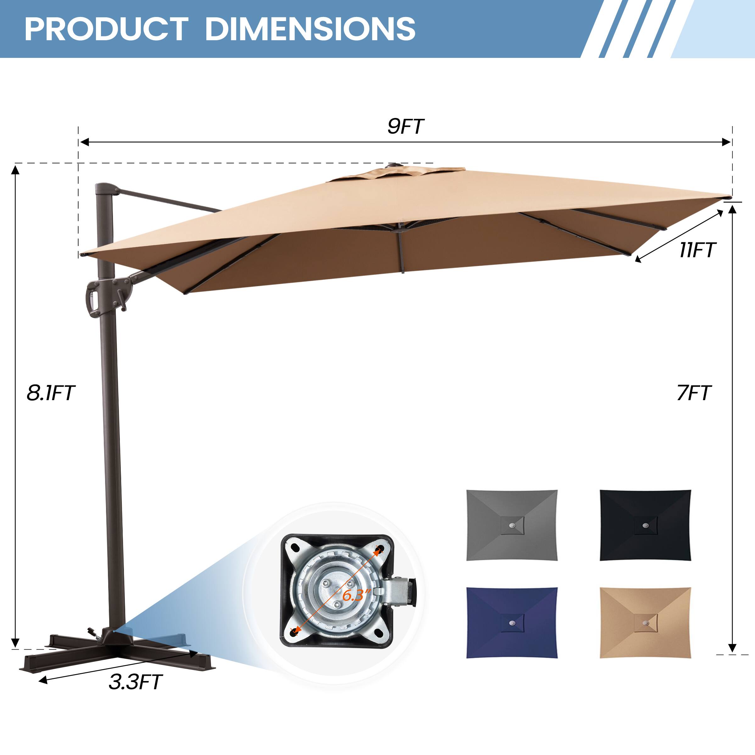 PRODUCT DIMENSIONS

- 9FT
- 11FT
- 8.1FT
- 7FT
- 3.3FT
- 6.3