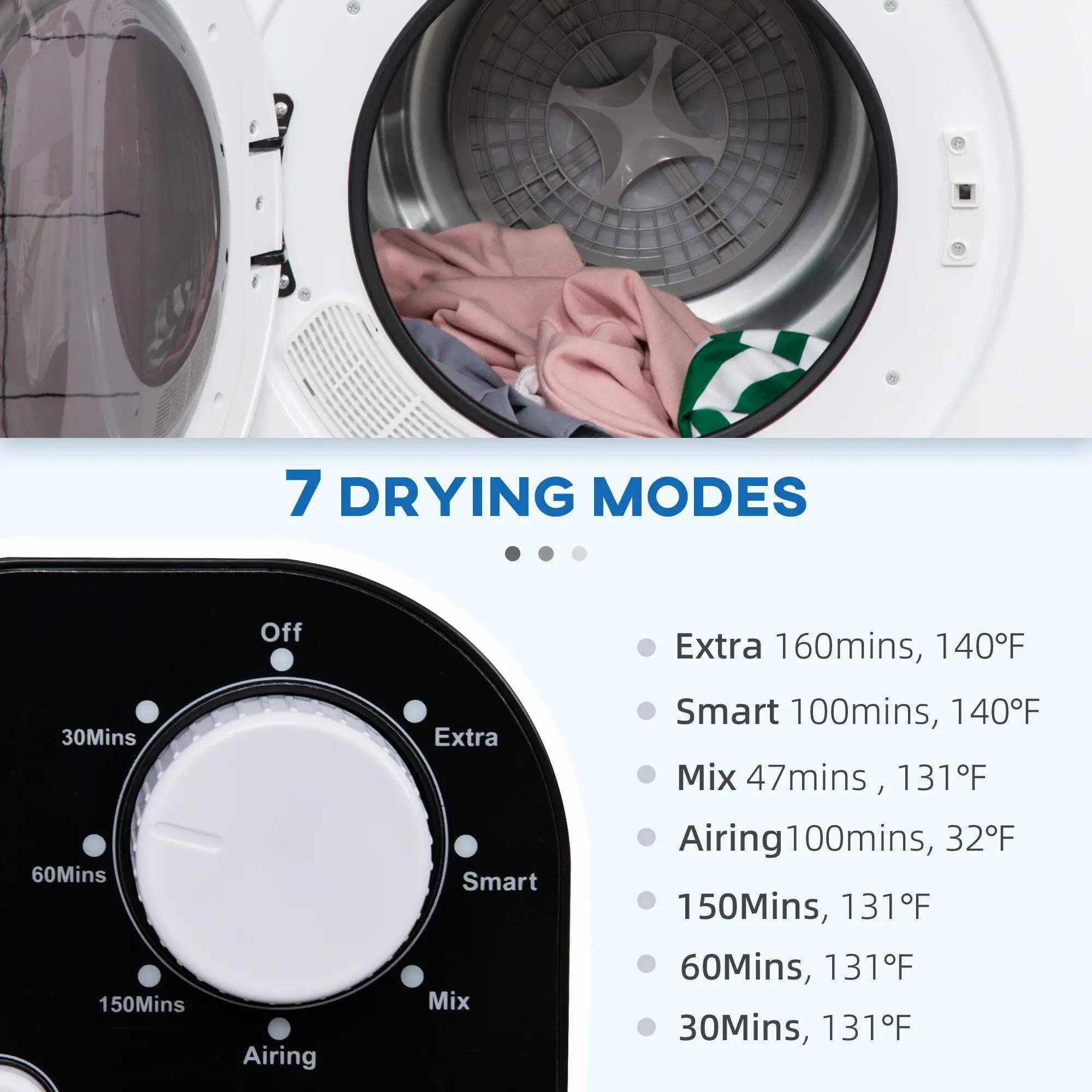 7 DRYING MODES

- Extra 160mins, 140°F
- Smart 100mins, 140°F
- Mix 47mins, 131°F
- Airing 100mins, 32°F
- 150Mins, 131°F
- 60Mins, 131°F
- 30Mins, 131°F