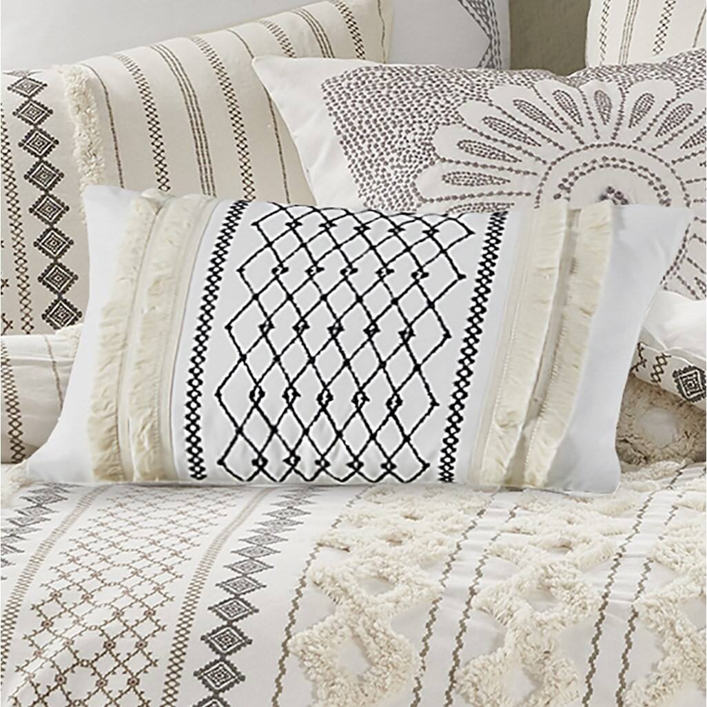 Alt View 1. Gracie Mills - Gracie Mills Katelyn Geometric Embroidered Cotton Oblong Pillow with Tassels - Ivory.