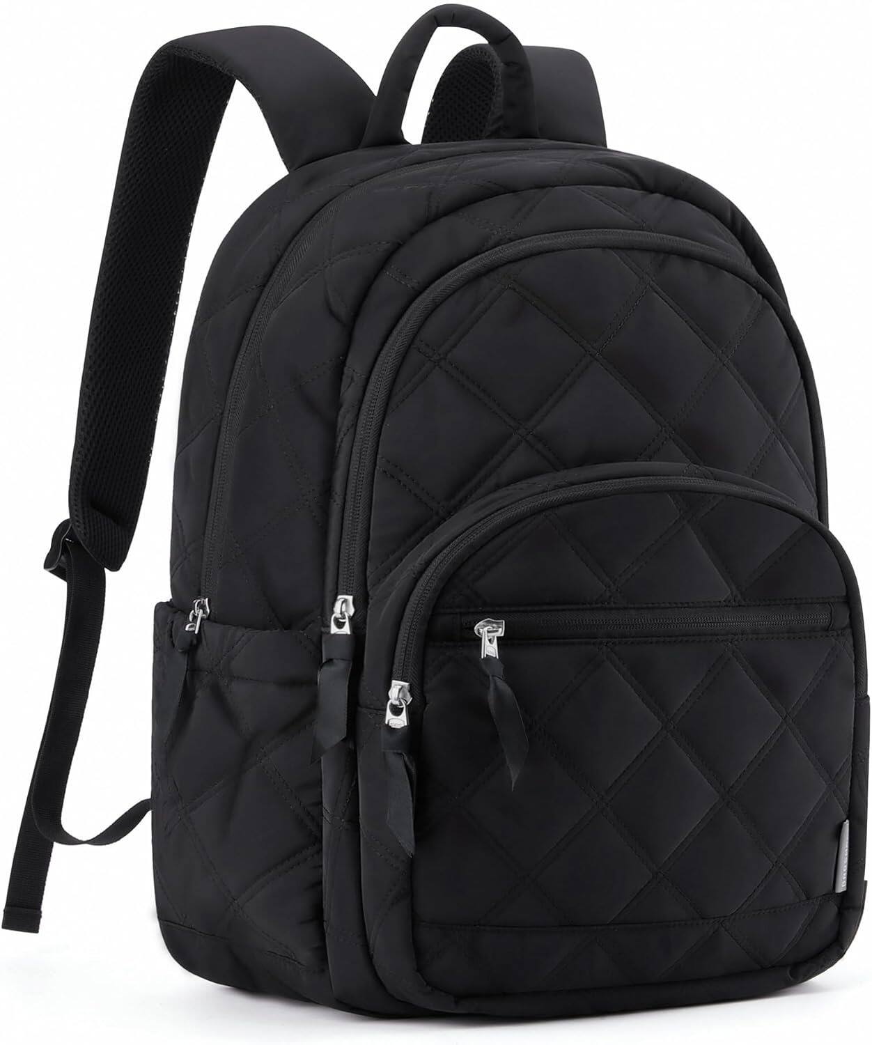Front. ZUQIETA - ZUQIETA  Quilted Women's 15.6" Laptop Backpack - Water-Resistant Travel & College Bag, Black - black.