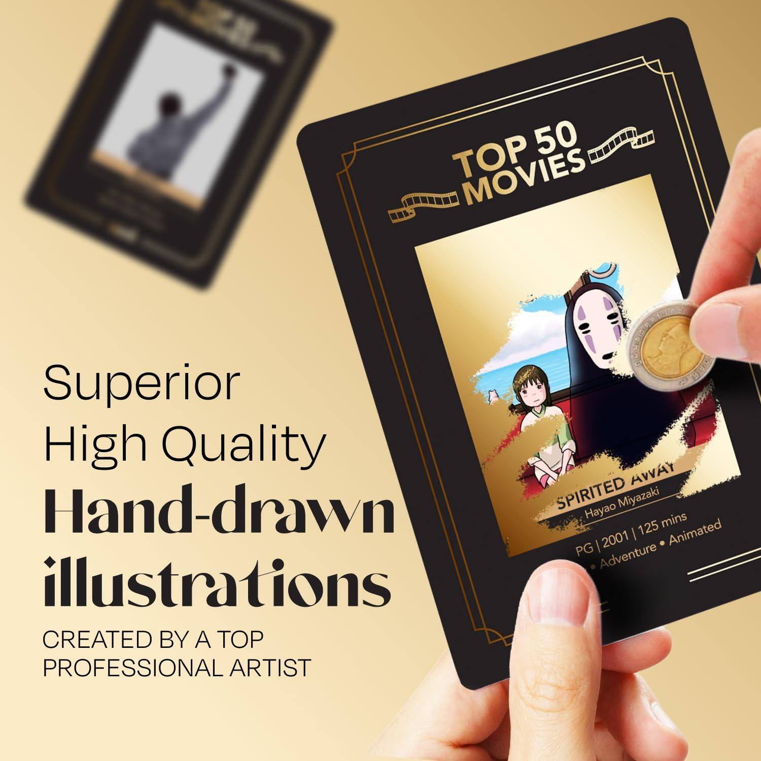 Superior High Quality Hand-drawn illustrations  
CREATED BY A TOP PROFESSIONAL ARTIST  

TOP 50 MOVIES  
SPIRITED AWAY  
Hayao Miyazaki  
PG | 2001 | 125 mins  
Adventure • Animated