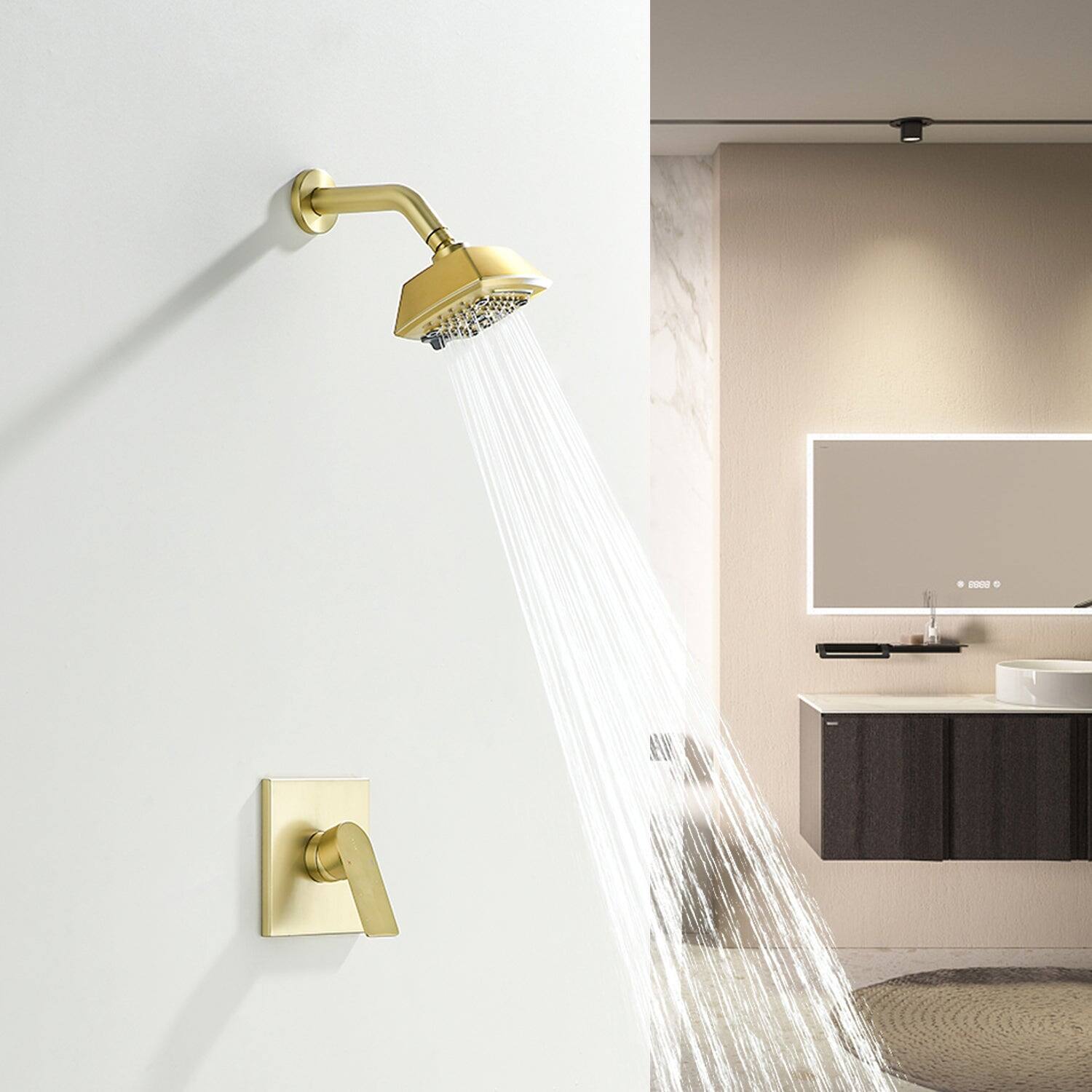 Alt View 3. Boyel Living - Brushed Gold Brass Shower Set 5-Function ABS Top Spray Pressure Balance Valve 1/2NPT Thread Fingerprint-Free - Brushed Gold.