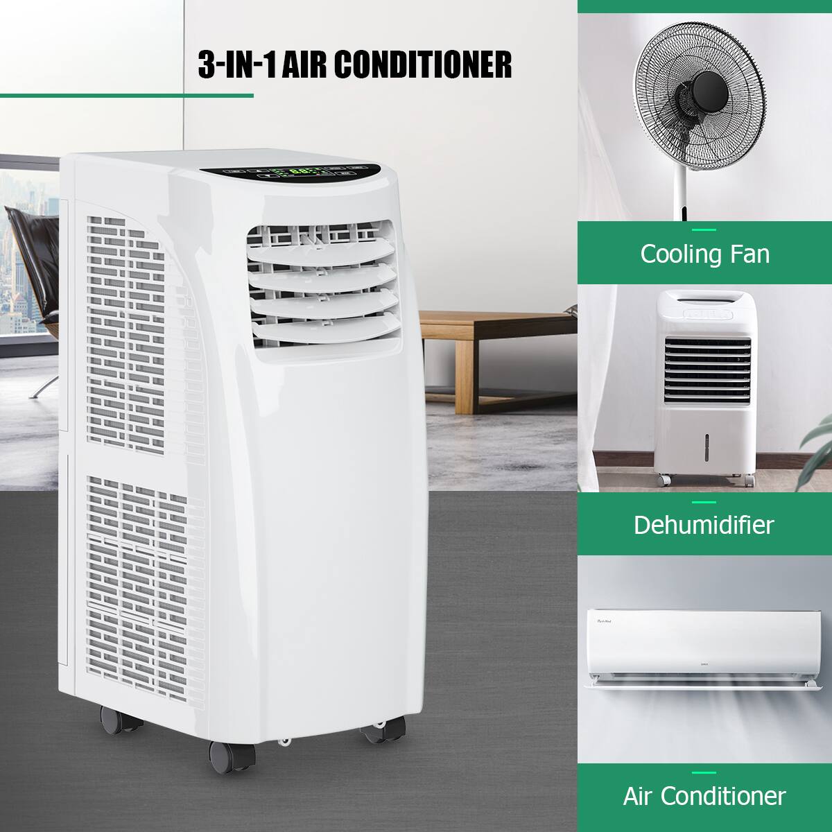 3-IN-1 AIR CONDITIONER: Cooling Fan, Dehumidifier, Air Conditioner