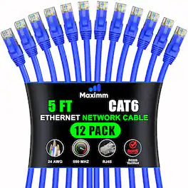 Maximm - Cat 6 Ethernet Cable 5 ft (12-Pack) - UTP, 10Gbps, 550MHz