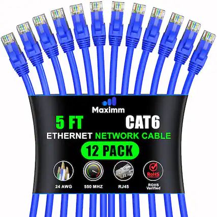 Maximm 5 FT CAT6 ETHERNET NETWORK CABLE 12 PACK RoHS COMPLIANT 24 AWG 550 MHZ RJ45 ROHS Verified