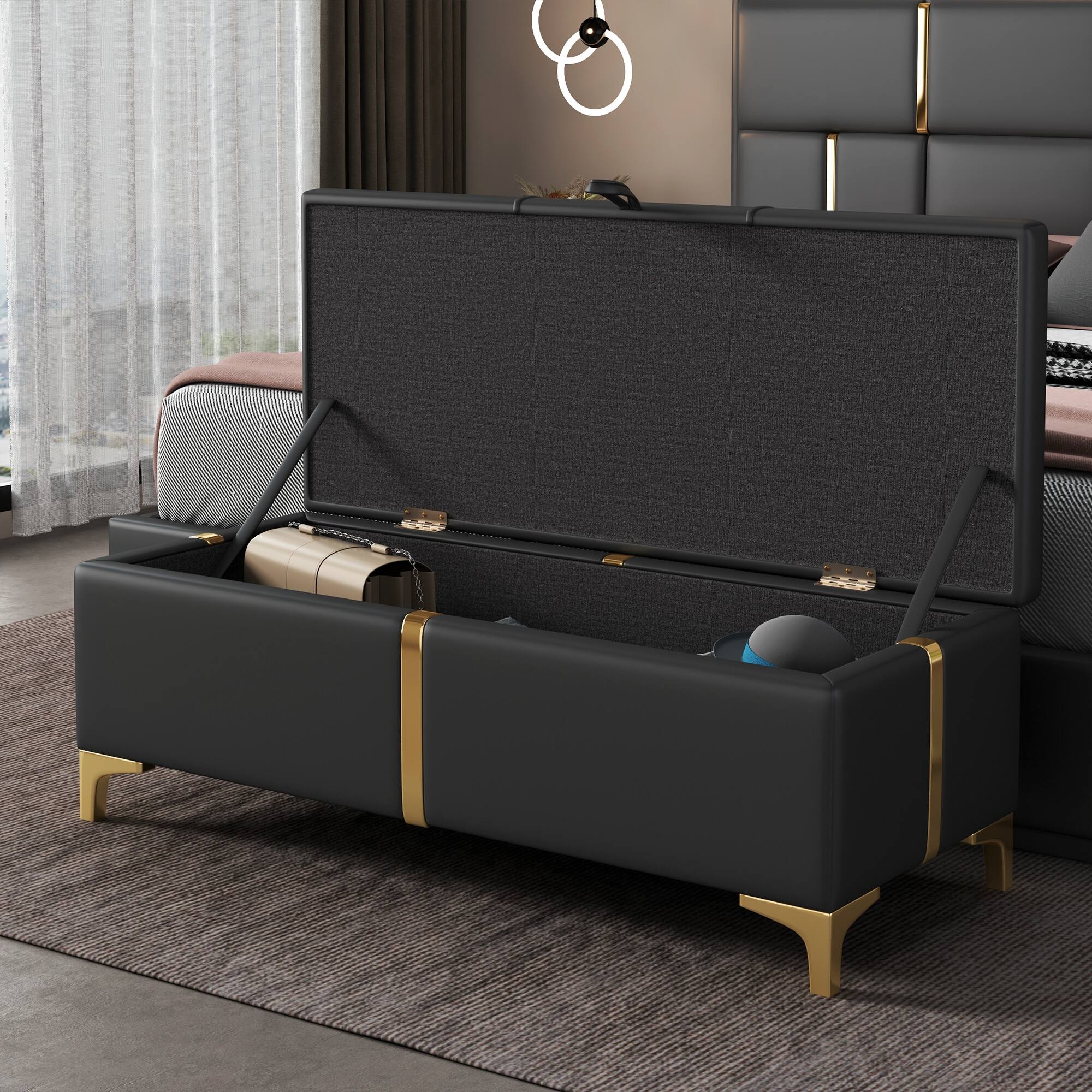 Angle. GOODSILO - Elegant Upholstered Storage Ottoman Bench with Metal Legs - Black.
