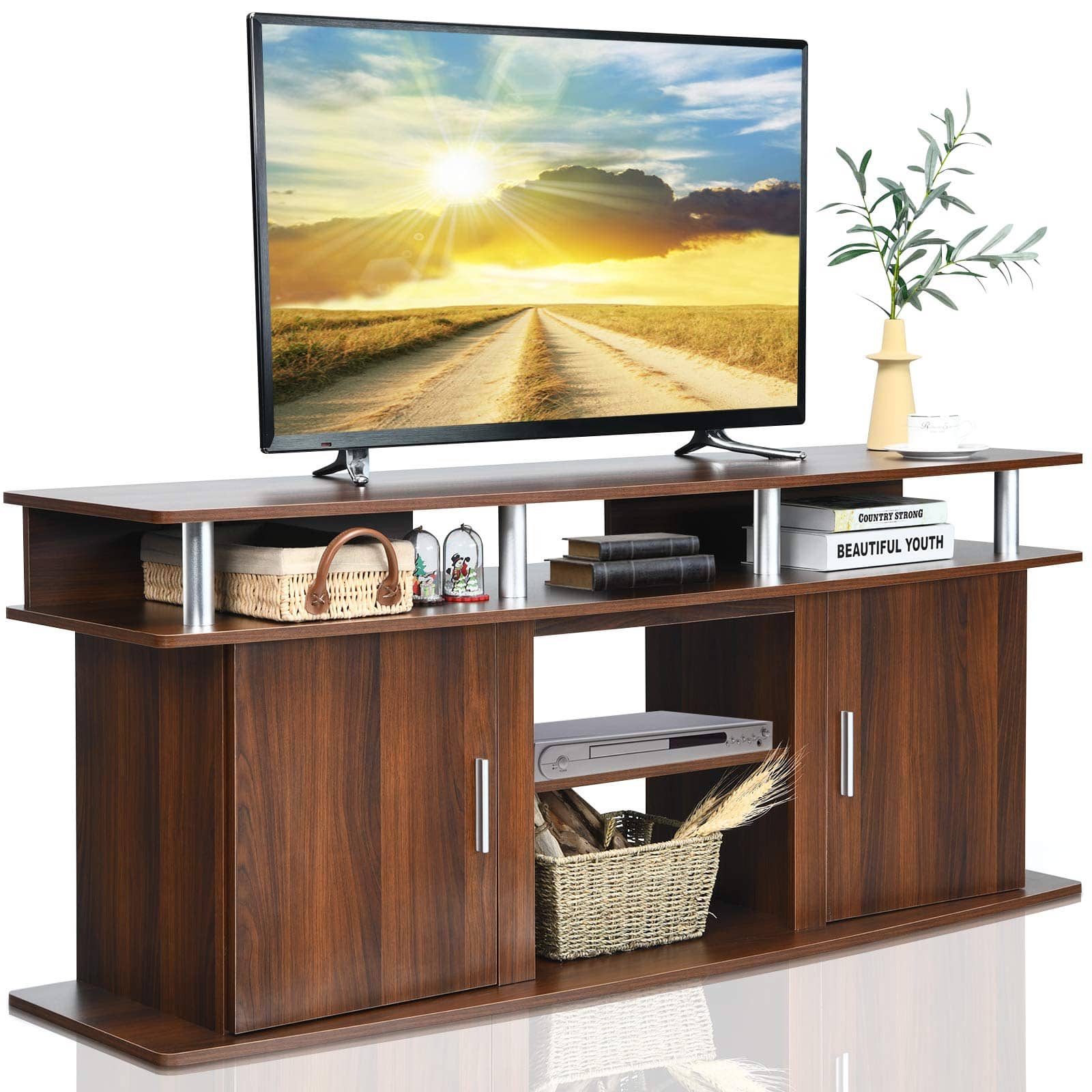 Ecooso - 63 Inch TV Stand Entertainment Console with Dual Cabinets - Walnut