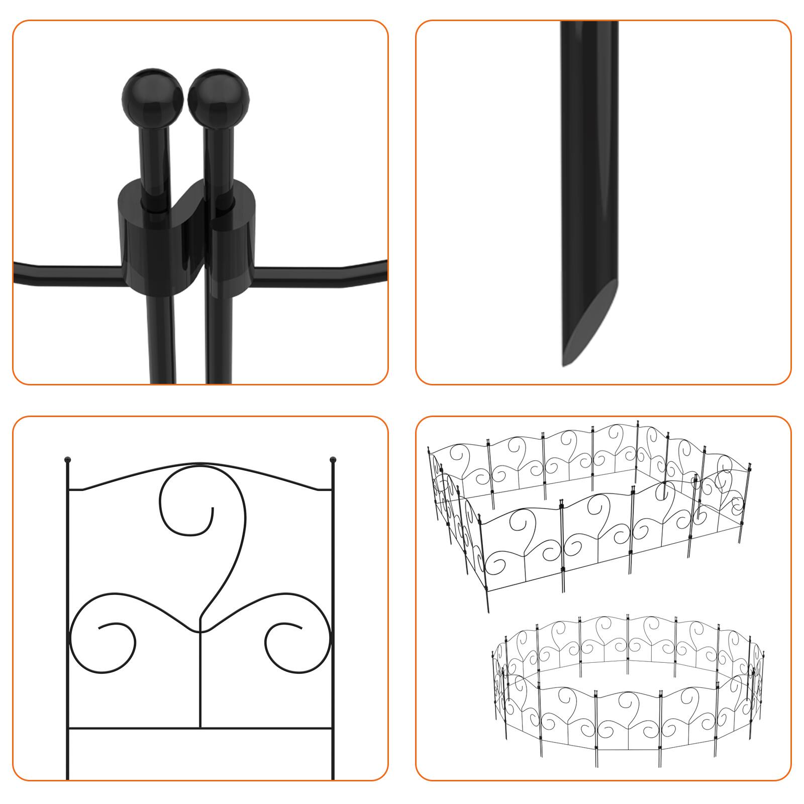 Left. Oumilen - 25-Pack Decorative Garden Fence Panels, 16.5in Tall Black Metal Ornamental Border.