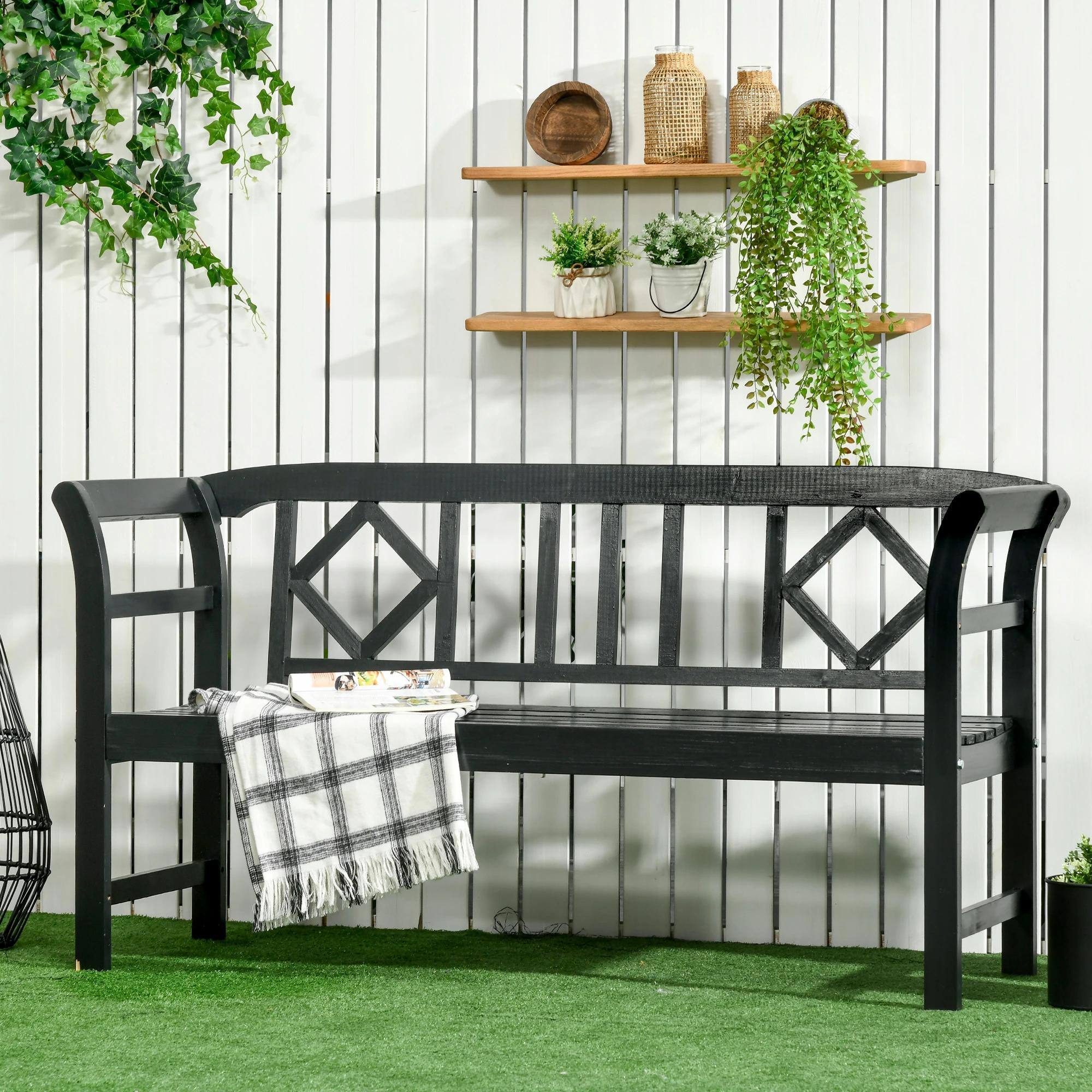 Alt View 7. Resenkos - Resenkos Wooden Bench, Rustic Diamond Pattern, 3-Seater Outdoor Porch Bench, Comfortable Back & Armrests, Black - Black.