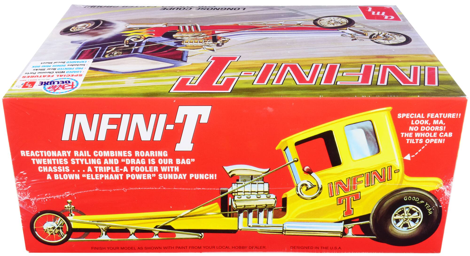 This is the text on the image:

"THi COUPE LONGNOSE 1 u C Shoot Decal EXDHDED RONOH Inciustom O-I 28702 DRINTED PAD Slcks Chromo m IDADED 521 INFINIT FEATURES FEA EPECIAL HMEEE ! I | .. bug DELUXE Faetio SPECIAL FEATURE!! LOOK, MA, INFINI-T THE TILTS NO WHOLE DOORS! OPEN! CAB REACTIONARY RAIL COMBINES ROARING TWENTIES STYLING AND "DRAG IS OUR BAG" CHASSIS ... A TRIPLE-A FOOLER WITH A BLOWN "ELEPHANT POWER" SUNDAY PUNCH! INFINI- GOOD 8 T YEAR FINISH YOUR MODEL AS SHOWN WITH PAINT FROM YOUR LOCAL HOBBY DEALER DESIGNED IN THE U.S.A."