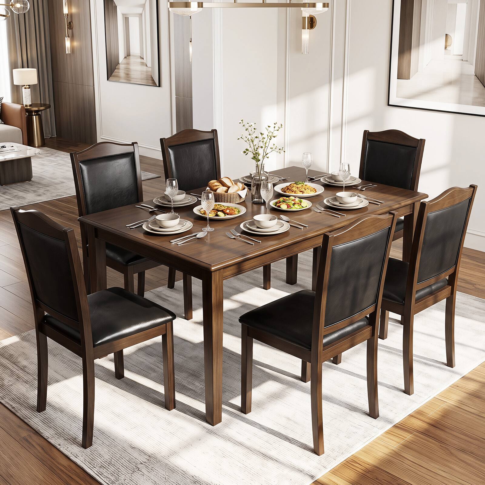Alt View 7. Gymax - Gymax Wooden Dining Chairs Set of 4 Faux Leather Upholstered Kitchen Side Chairs Walnut & Black - Brown.