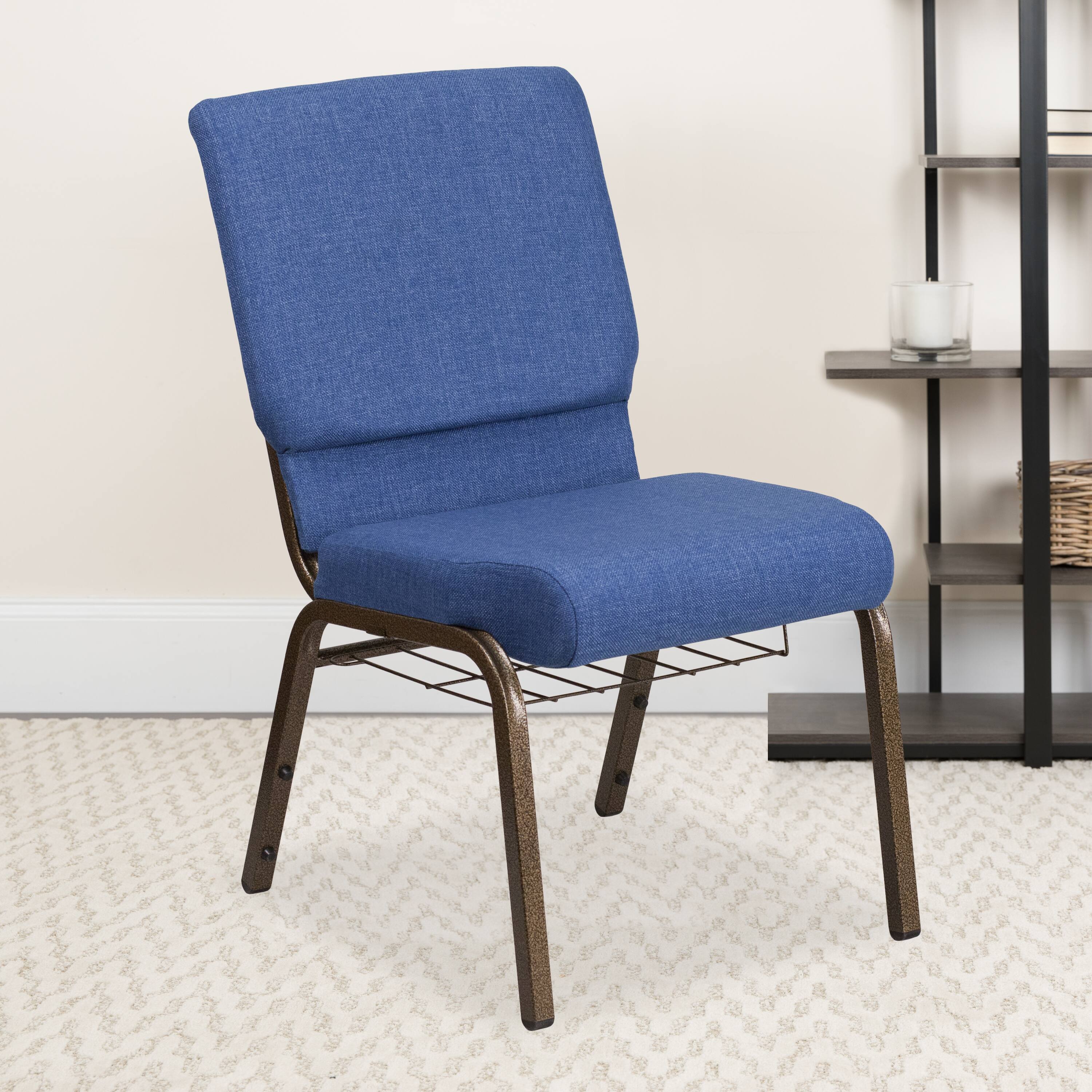 Alt View 1. Emma + Oliver - 18.5"W Church/Reception Guest Chair with Communion Cup Book Rack - Blue Fabric/Gold Vein Frame.