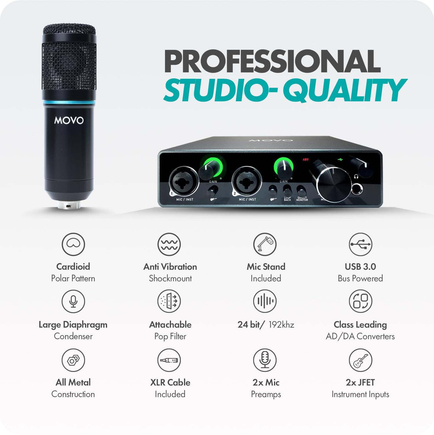PROFESSIONAL STUDIO-QUALITY

- Cardioid Polar Pattern
- Anti Vibration Shockmount
- Large Diaphragm Condenser
- Attachable Pop Filter
- All Metal Construction
- XLR Cable Included
- Mic Stand Included
- USB 3.0 Bus Powered
- 24 bit / 192khz
- Class Leading AD/DA Converters
- 2x Mic Preamps
- 2x JFET Instrument Inputs