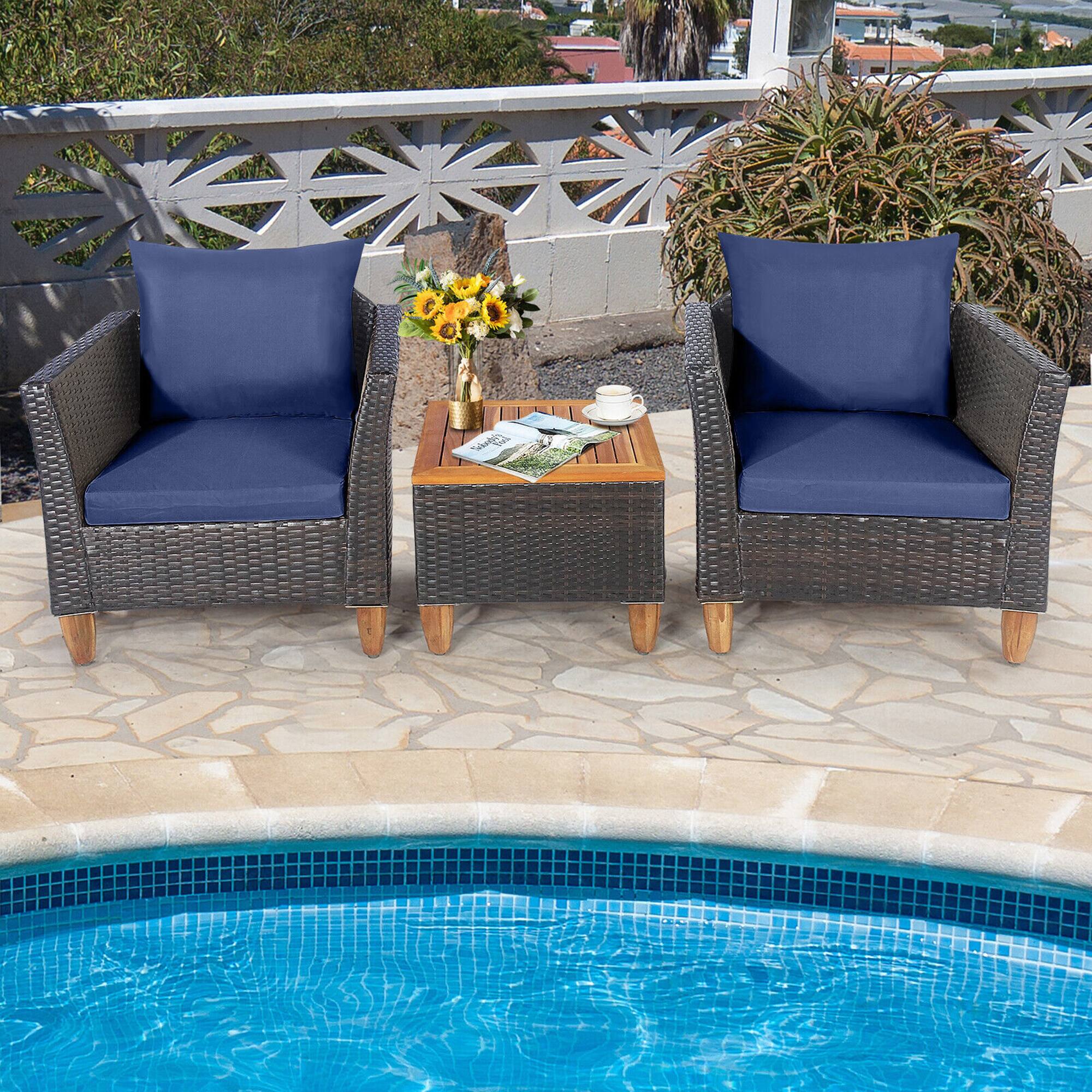 Alt View 3. Gymax - Gymax 3PCS Patio Furniture Set Conversation Bistro Set w/ Acacia Wood & Cushions Navy - Navy.