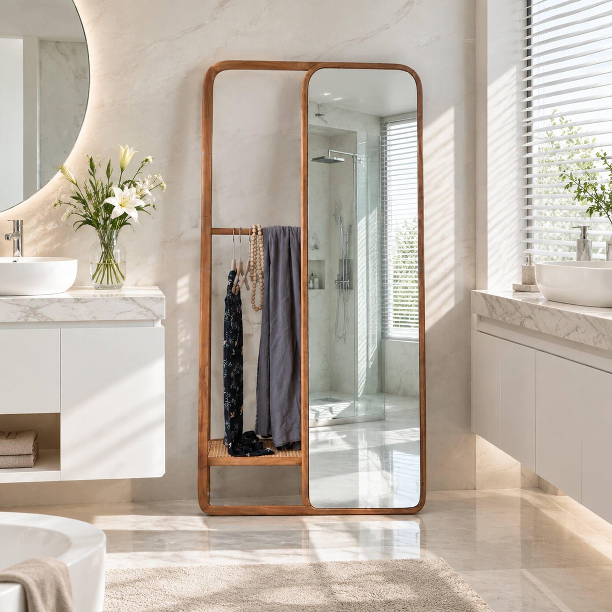 RYHNUYNE Rattan Valet Mirror, 38 x 23 x 71.5 in, Teak Frame, Clothes ...