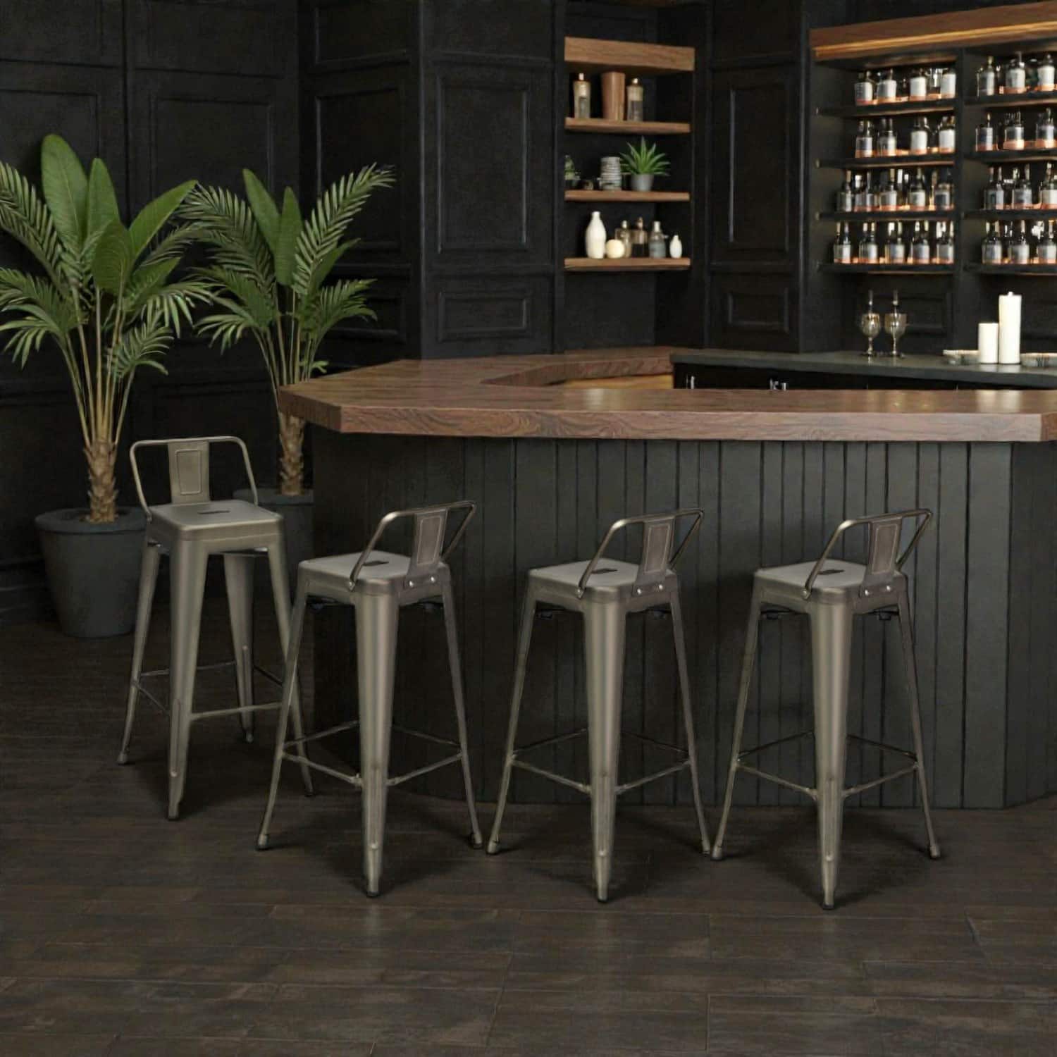 Hivvago - 30 Inch Vintage Metal Bar Stools with Detachable Mid-Back - Set of 4 - Gun